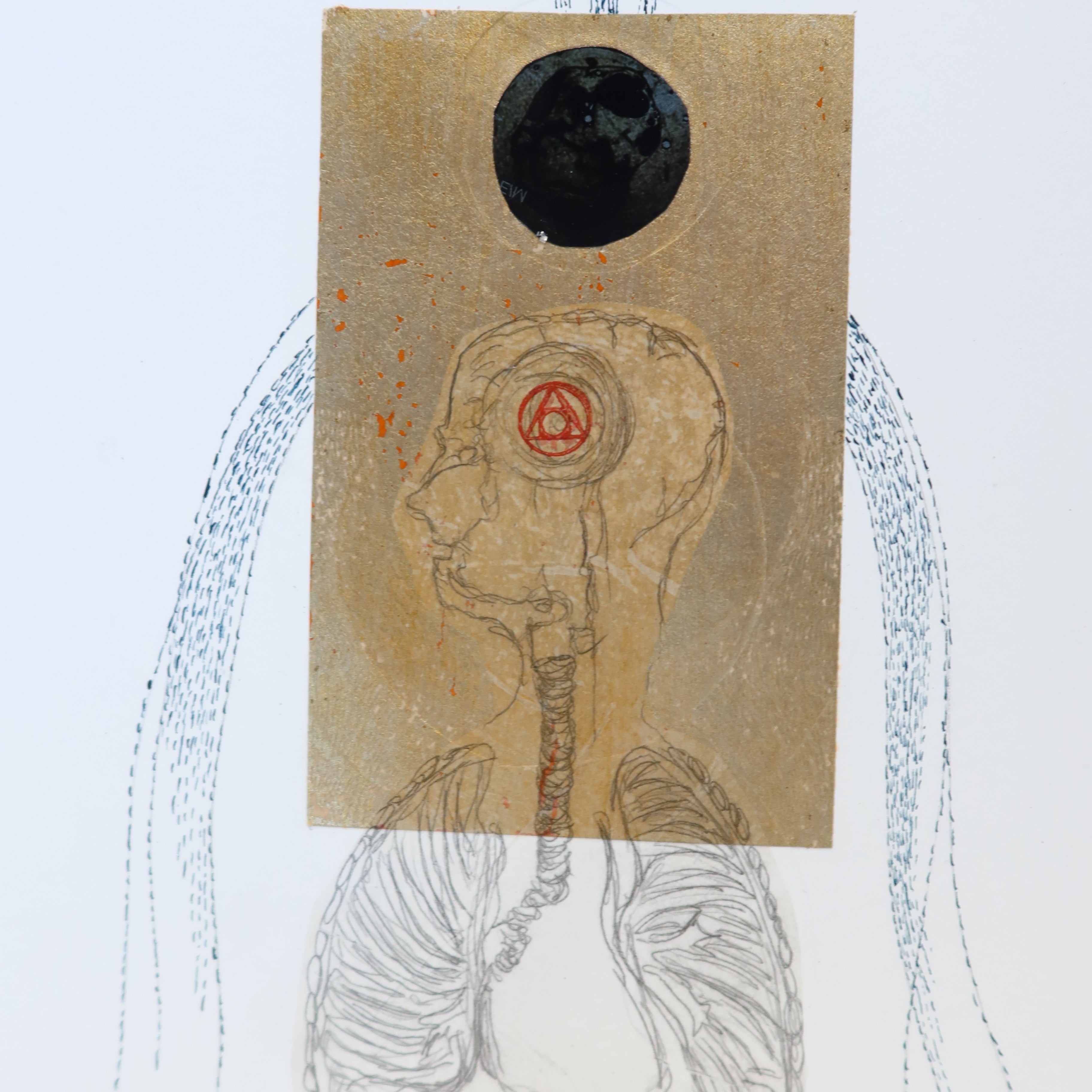 Œuvre originale de la collection Alchimia, dessin et gaufrage sur papier, représentation anatomique symbolique