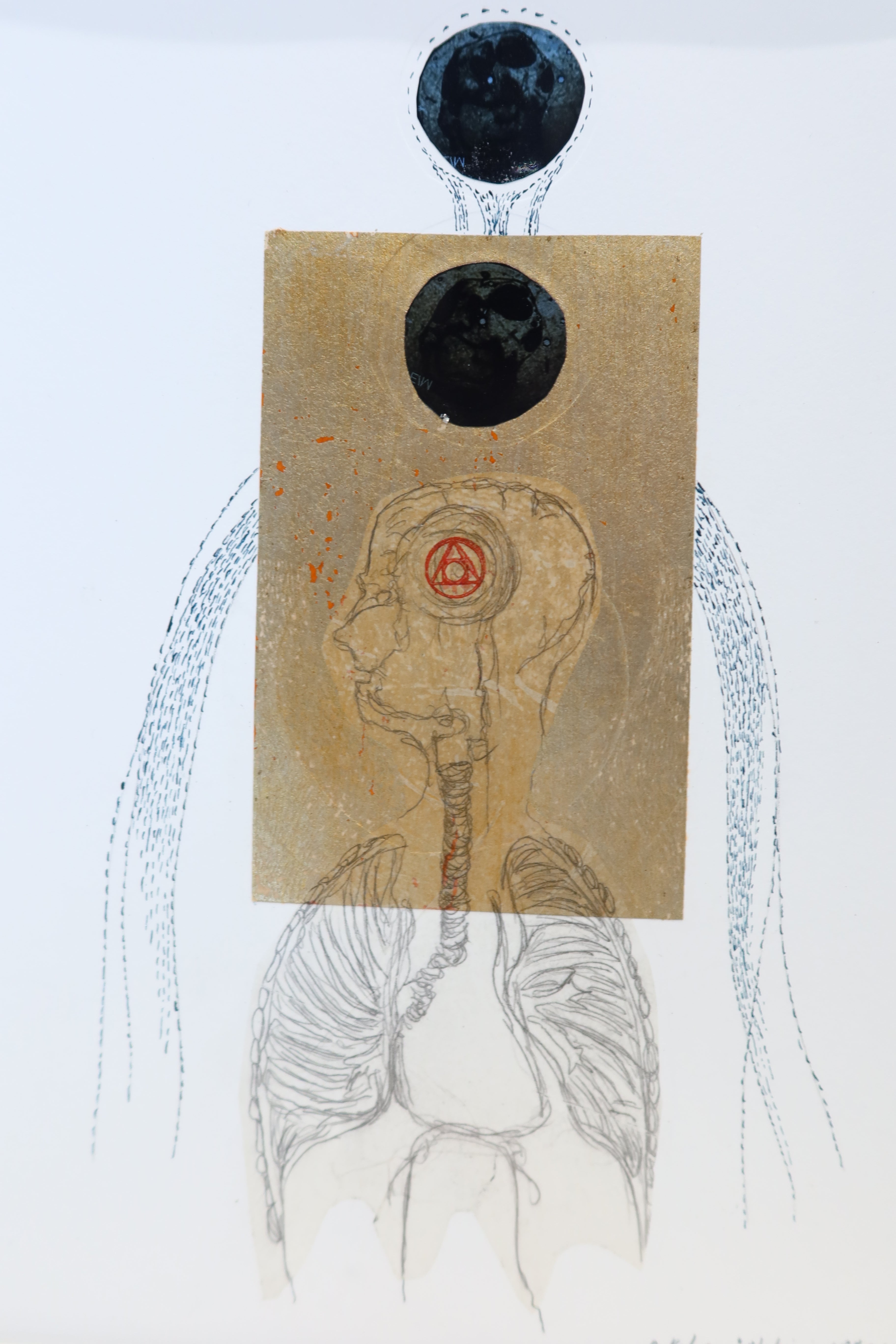 Œuvre originale de la collection Alchimia, dessin et gaufrage sur papier, représentation anatomique symbolique