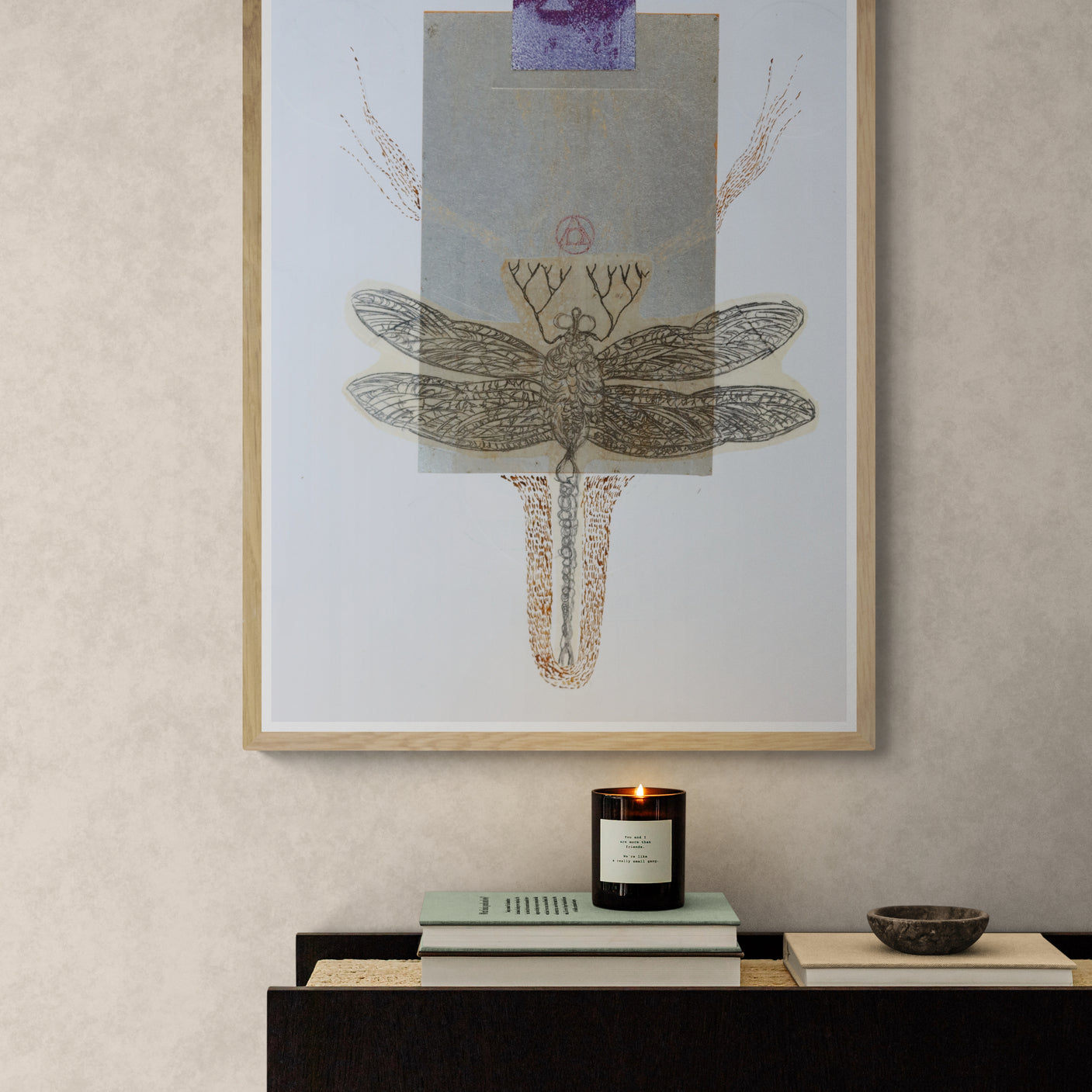 Œuvre originale Alchimia, dessin et gaufrage sur papier, œil et libellule, encadrée