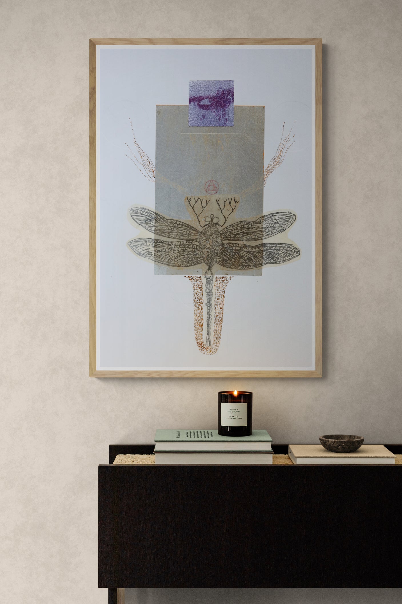 Œuvre originale Alchimia, dessin et gaufrage sur papier, œil et libellule, encadrée