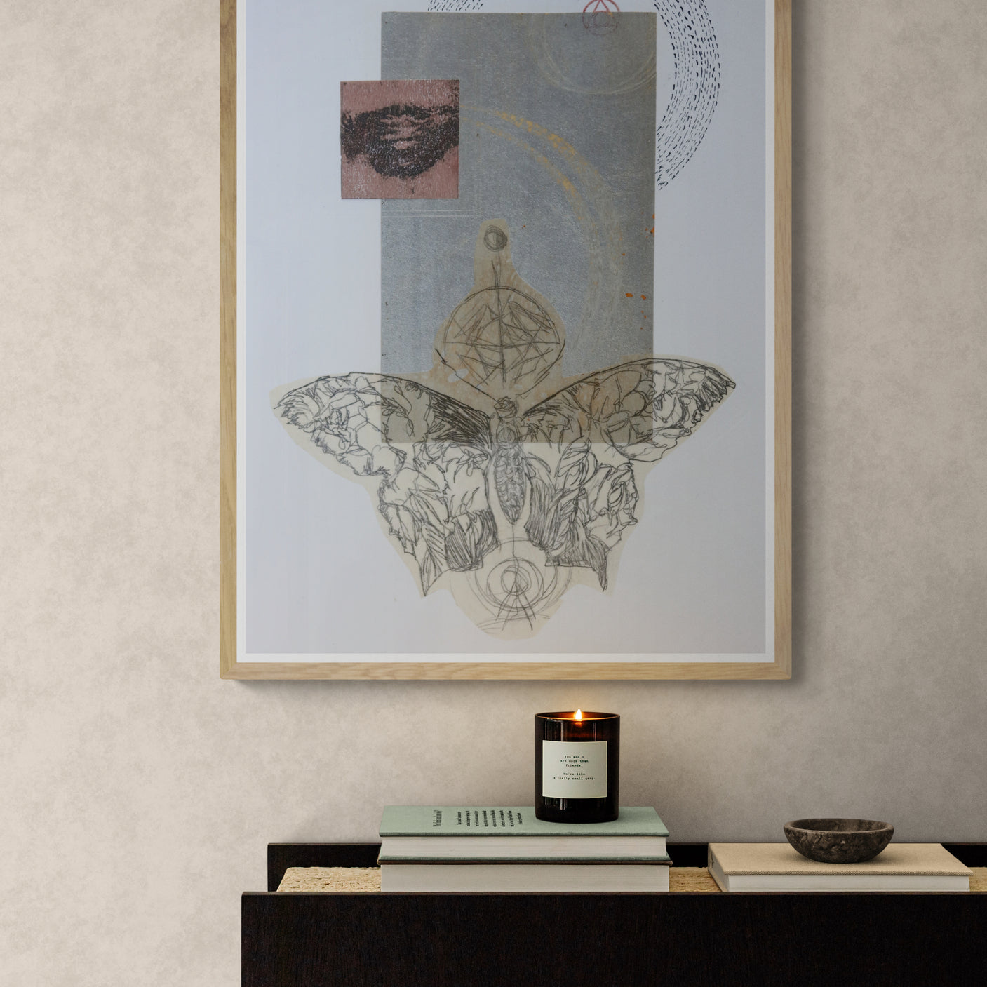 Œuvre originale Alchimia, dessin et gaufrage sur papier, papillon et œil, encadrée