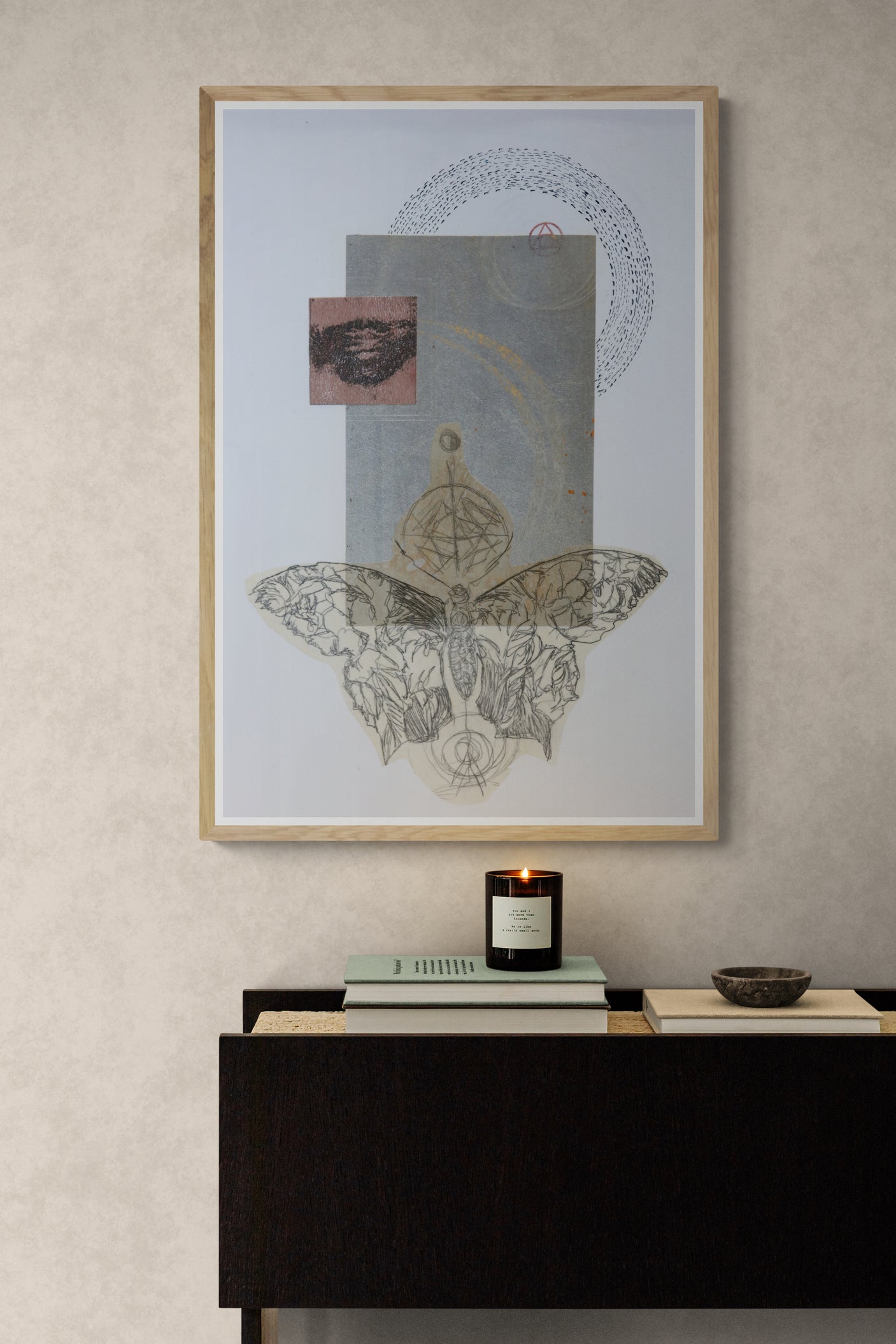 Œuvre originale Alchimia, dessin et gaufrage sur papier, papillon et œil, encadrée