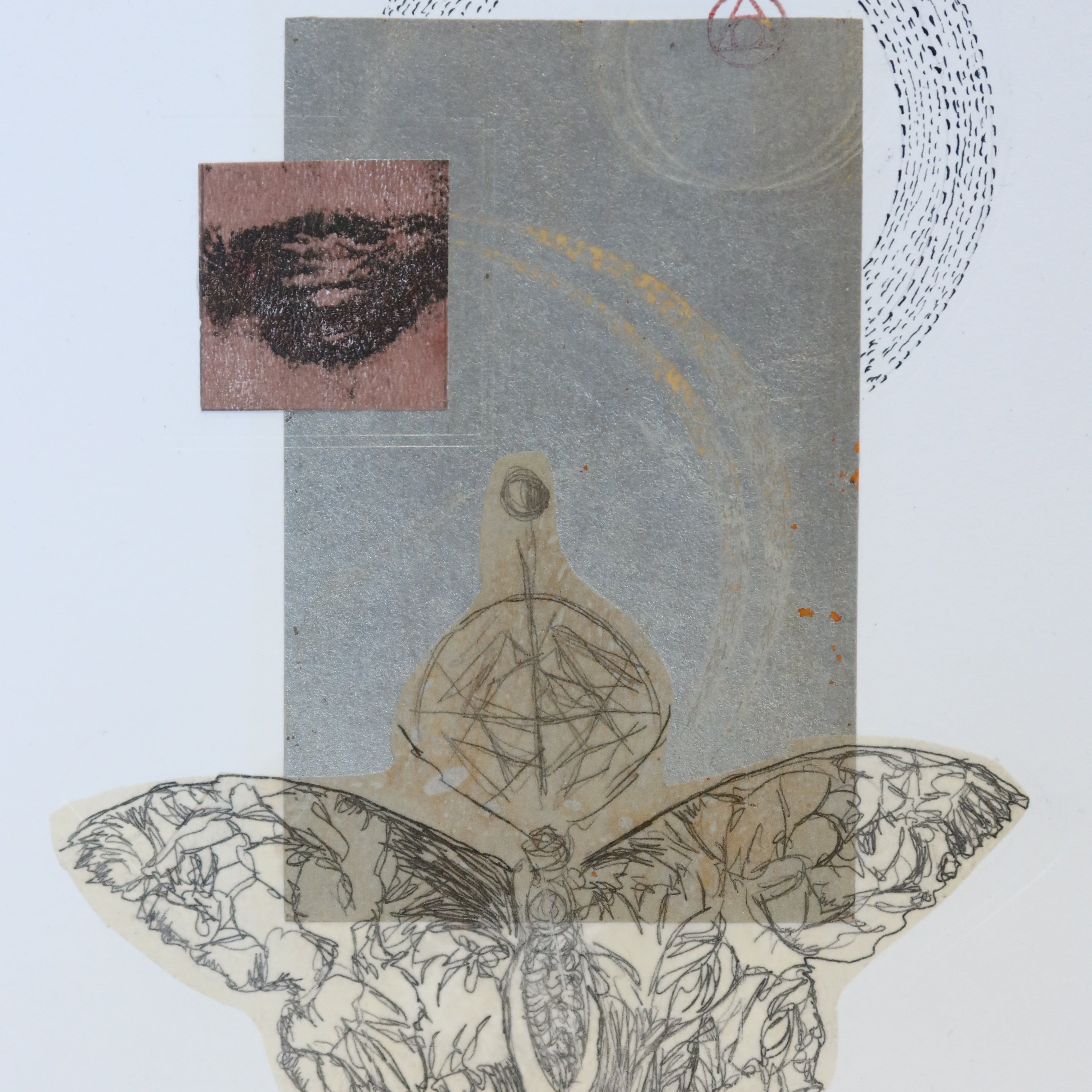 Œuvre originale de la collection Alchimia, dessin et gaufrage sur papier, papillon et motif d’œil