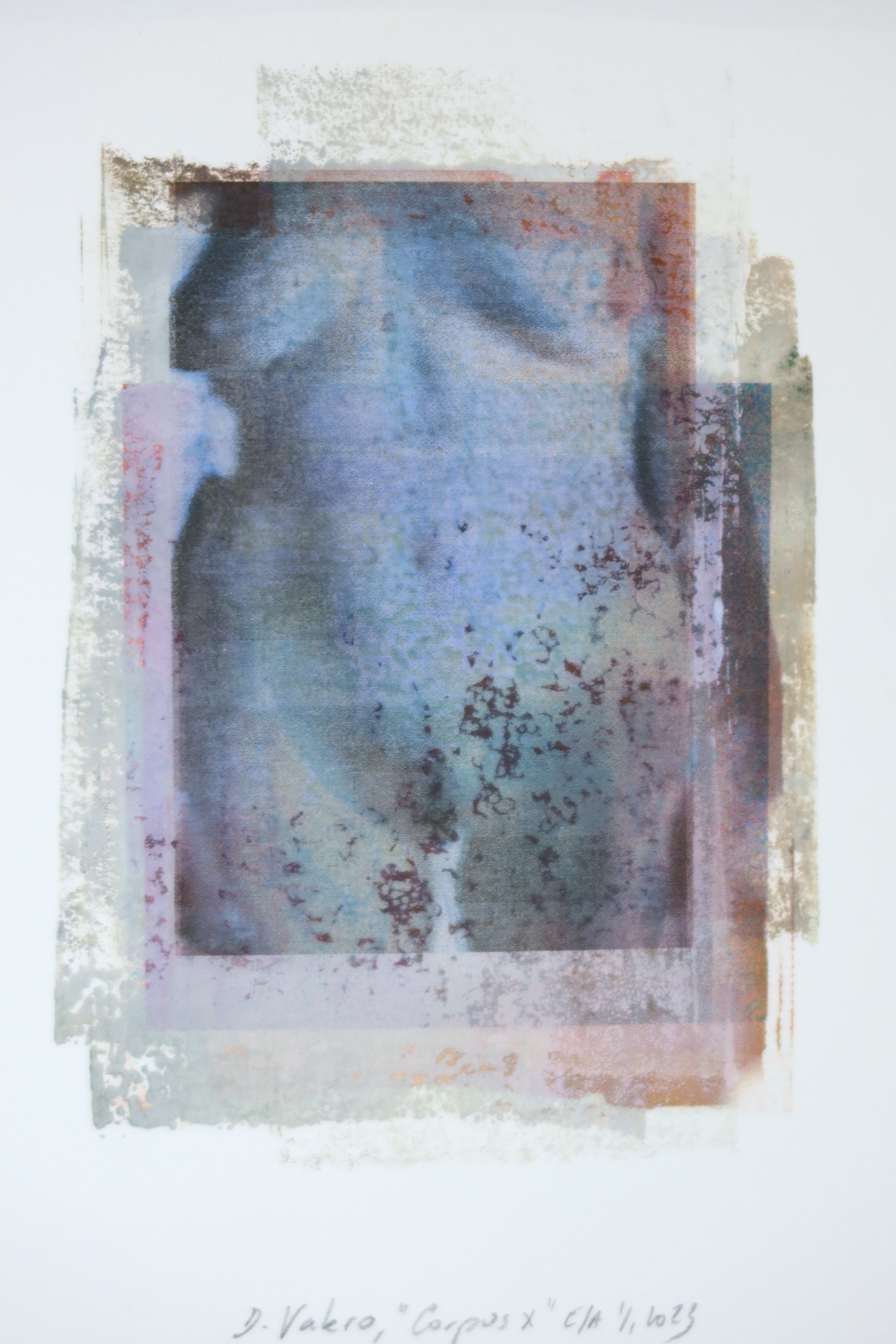 Œuvre de la collection Corpus représentant un corps aux tons bleutés avec des traces visibles et des rectangles superposés, monotype et image imprimée.