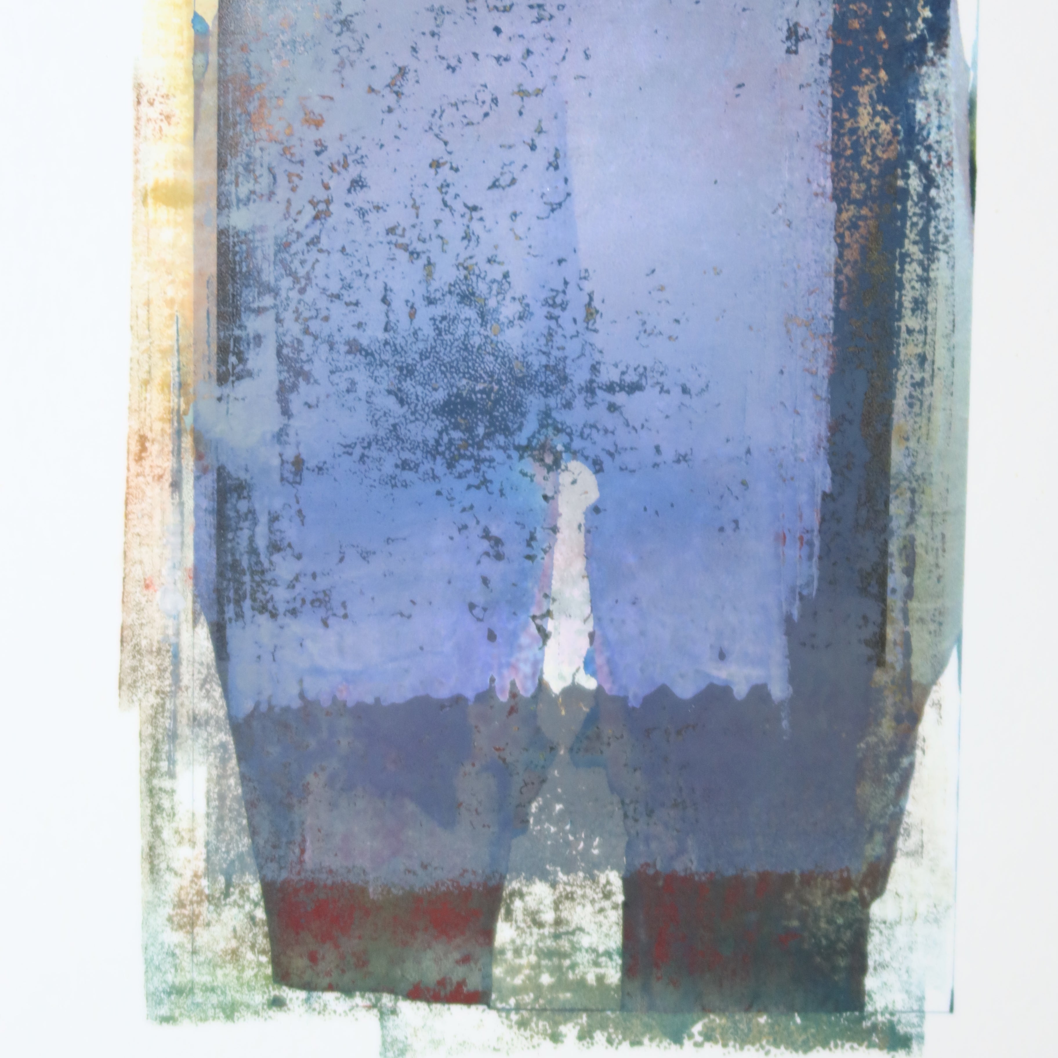 Œuvre de la collection Corpus représentant un corps humain aux tons bleus avec des rectangles superposés, réalisée en monotype et image imprimée.