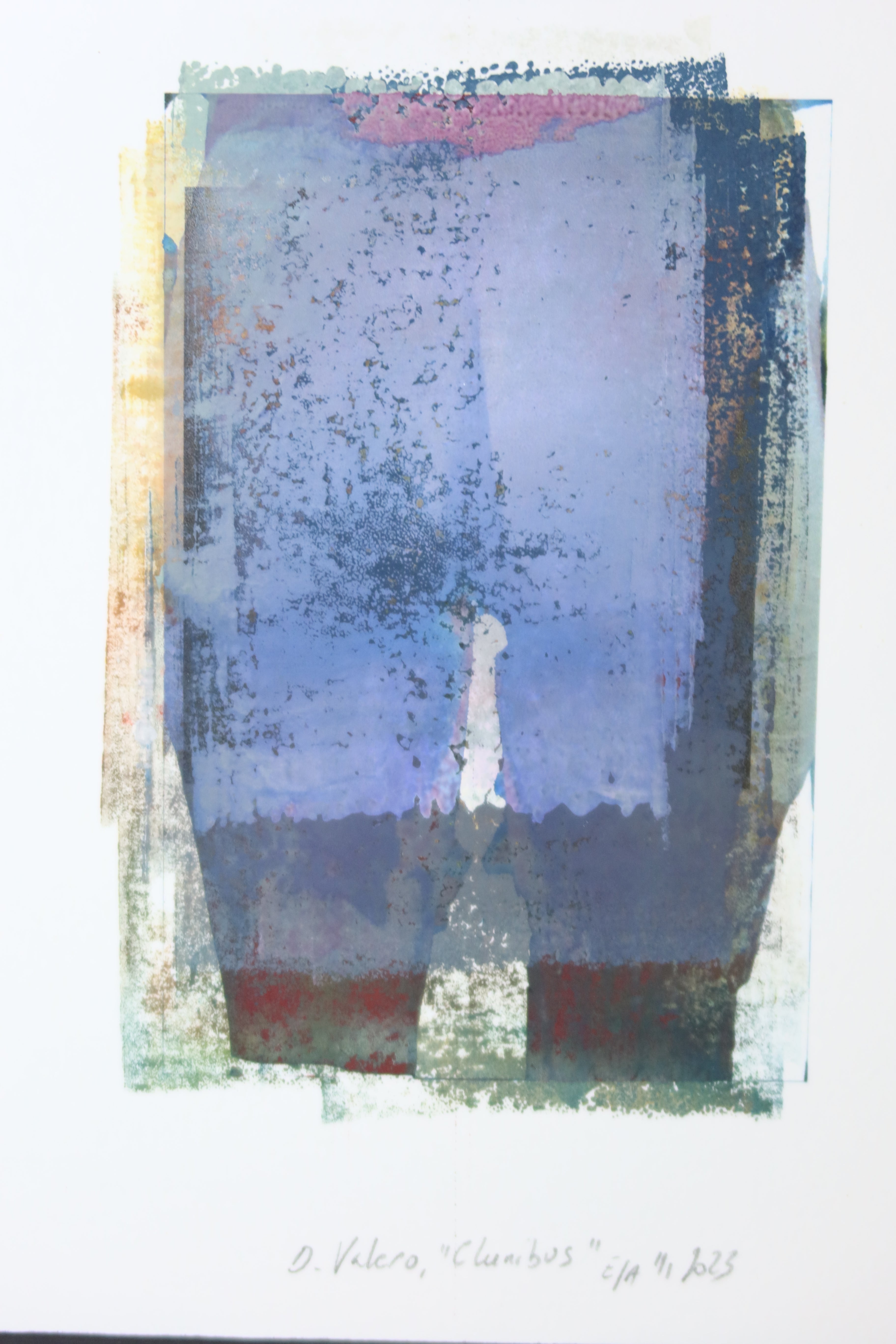 Œuvre de la collection Corpus représentant un corps humain aux tons bleus avec des rectangles superposés, réalisée en monotype et image imprimée.