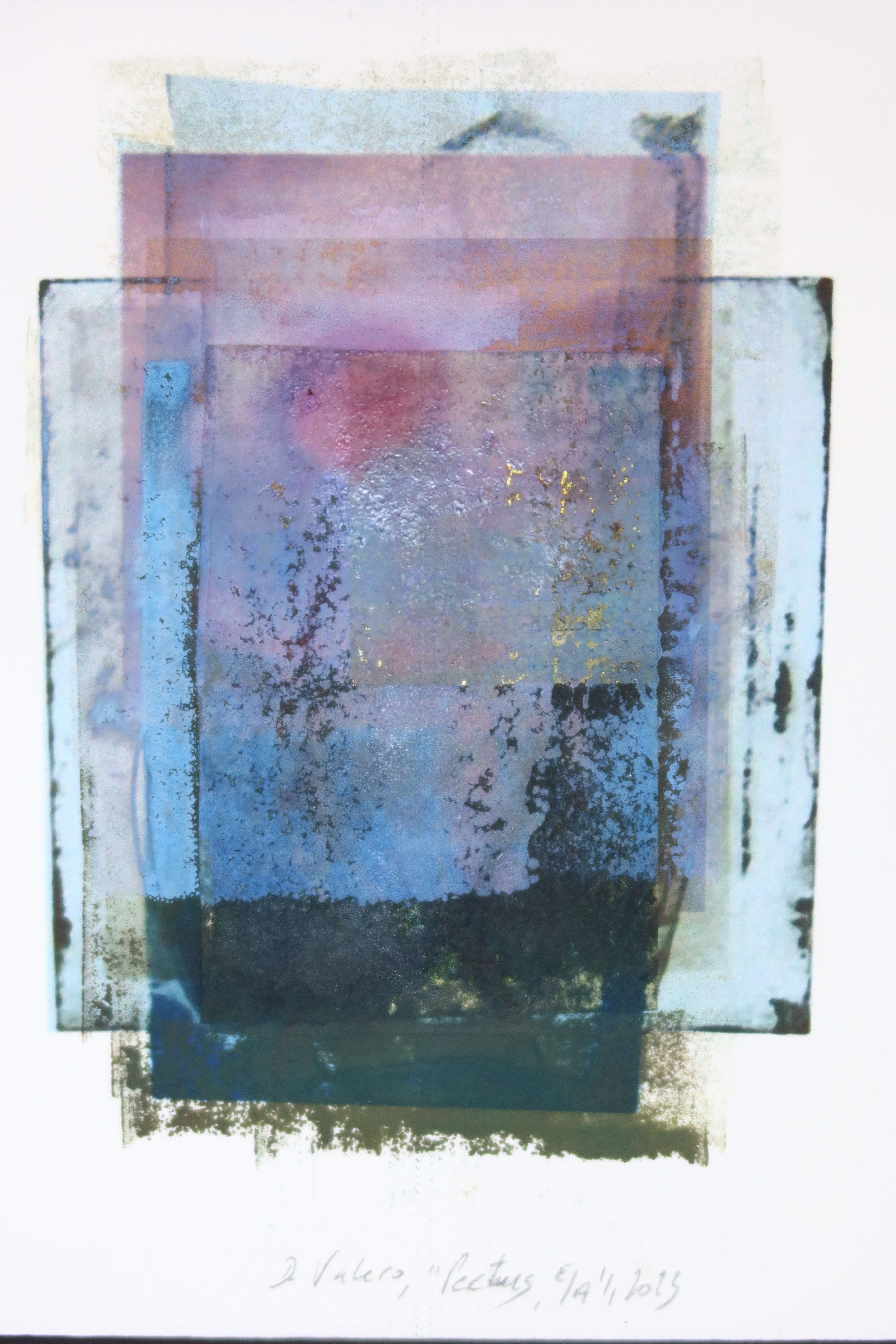 Œuvre de la collection Corpus représentant un corps humain avec des rectangles bleutés superposés, réalisée en monotype et image imprimée.