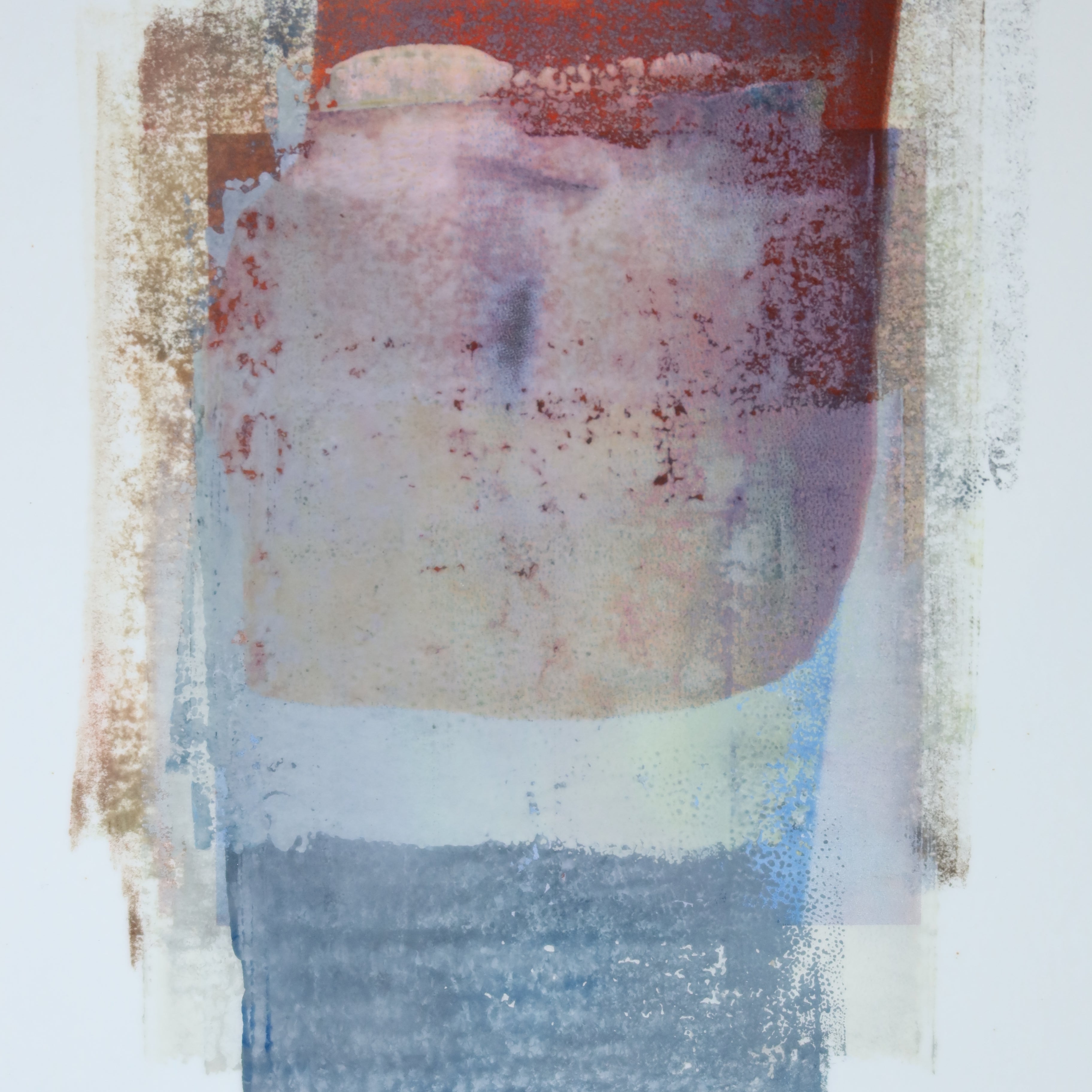 Œuvre de la collection Corpus, monotype et image imprimée, représentant une partie du corps humain avec une composition verticale et une superposition de rectangles colorés.