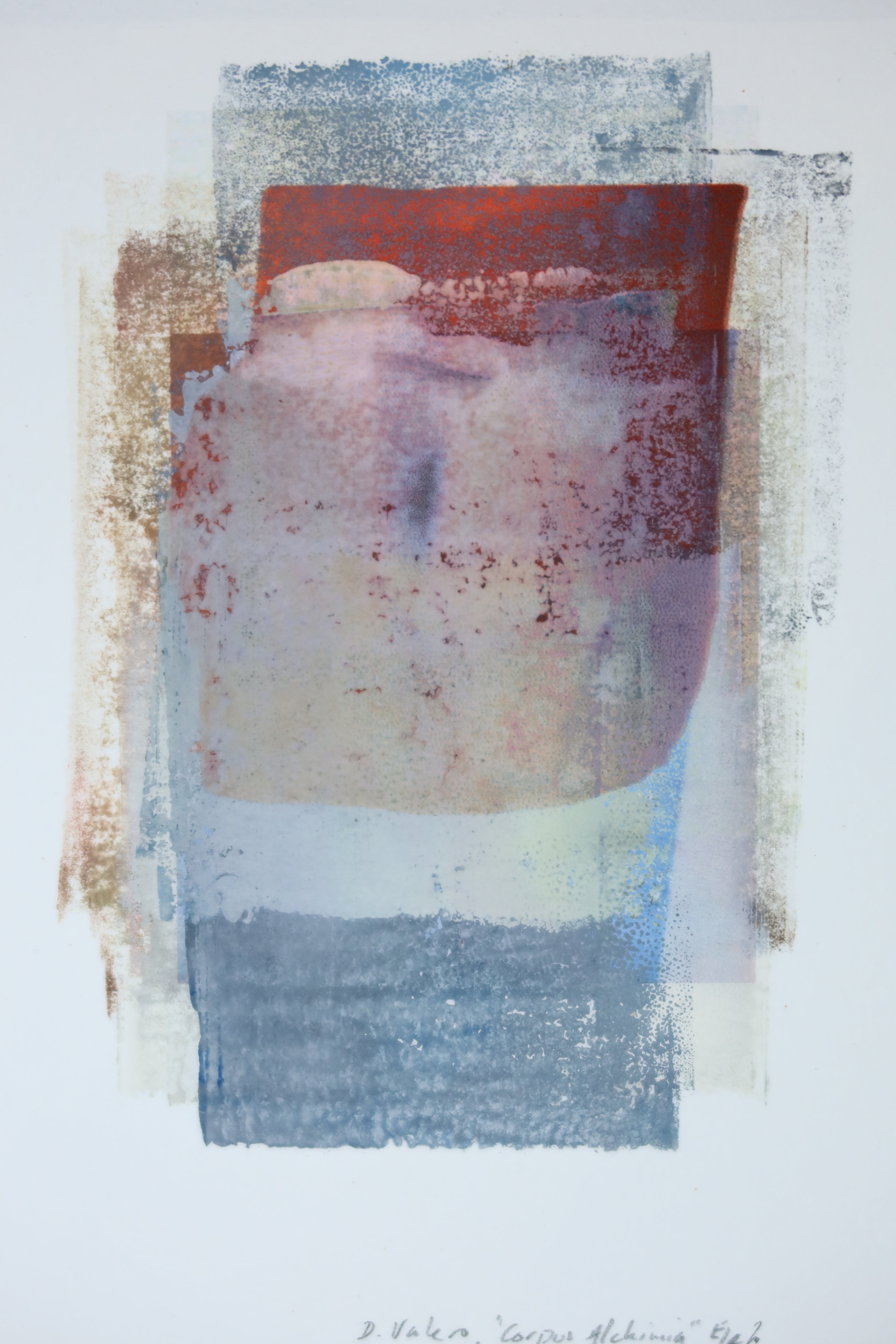 Œuvre de la collection Corpus, monotype et image imprimée, représentant une partie du corps humain avec une composition verticale et une superposition de rectangles colorés.