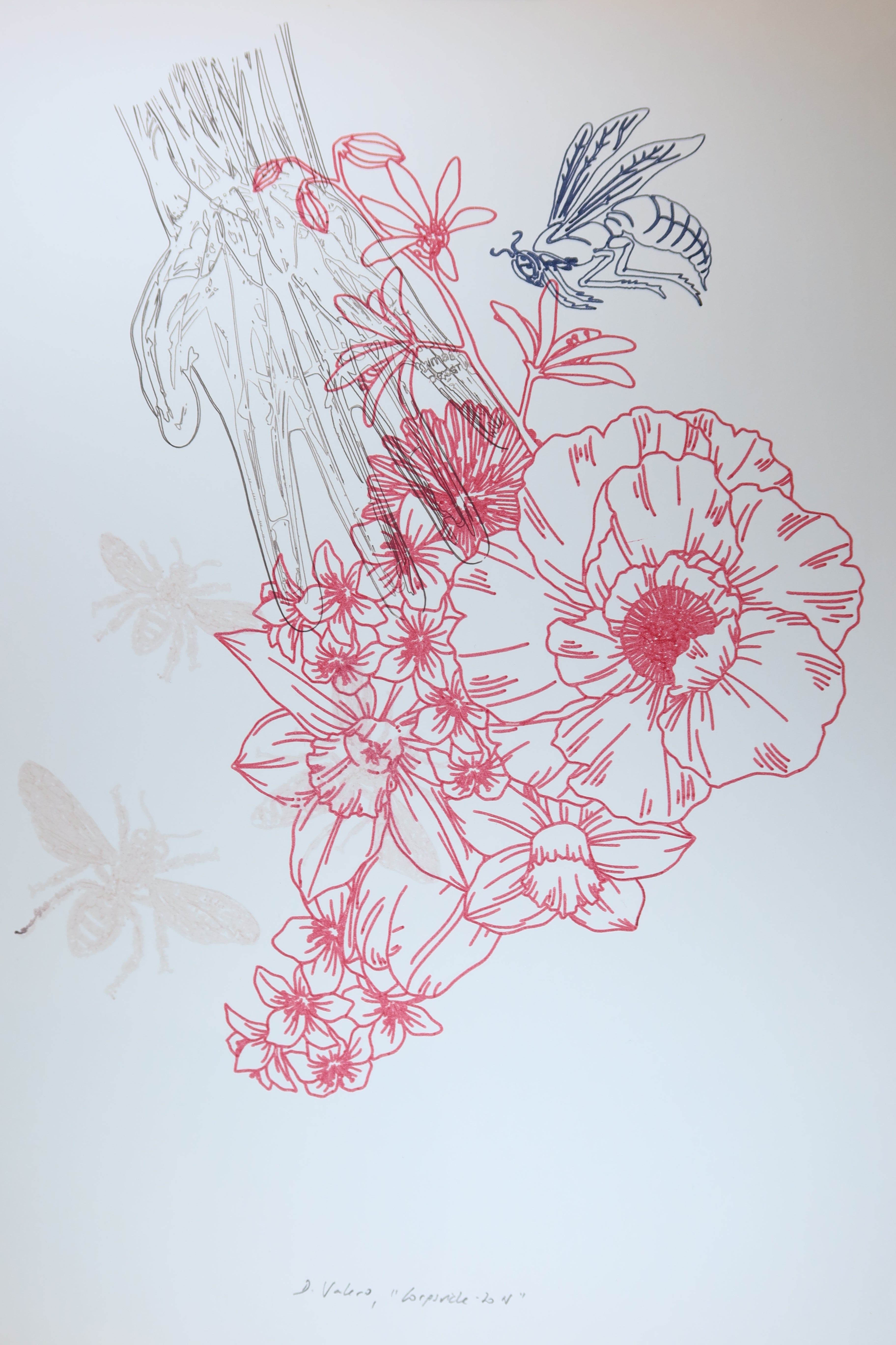 Œuvre de la collection Corpvide représentant une main, une composition florale et un insecte, réalisée au dessin au feutre et au crayon.