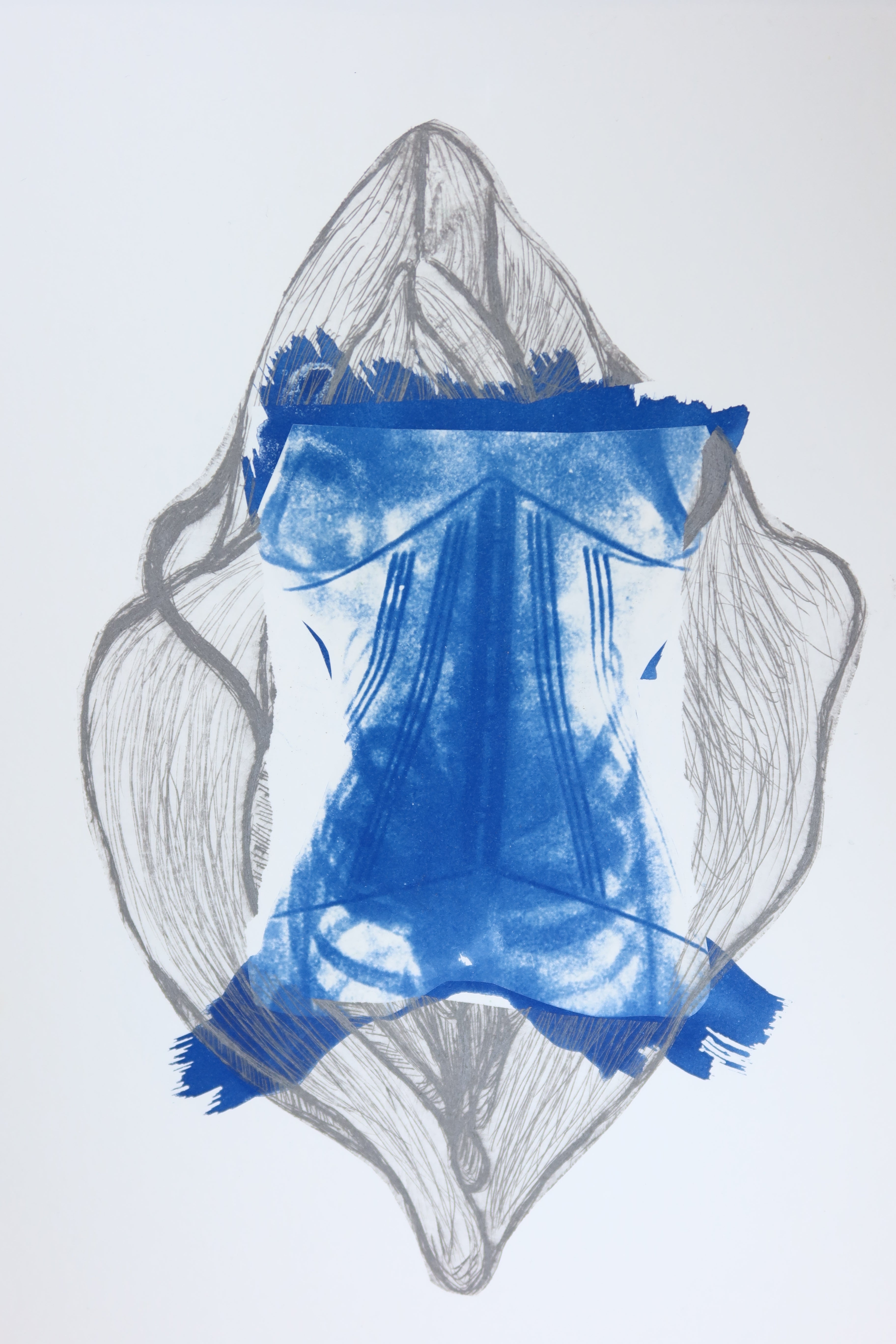 Œuvre originale de la collection Memoria, cyanotype et gravure sur papier, représentation du corps.