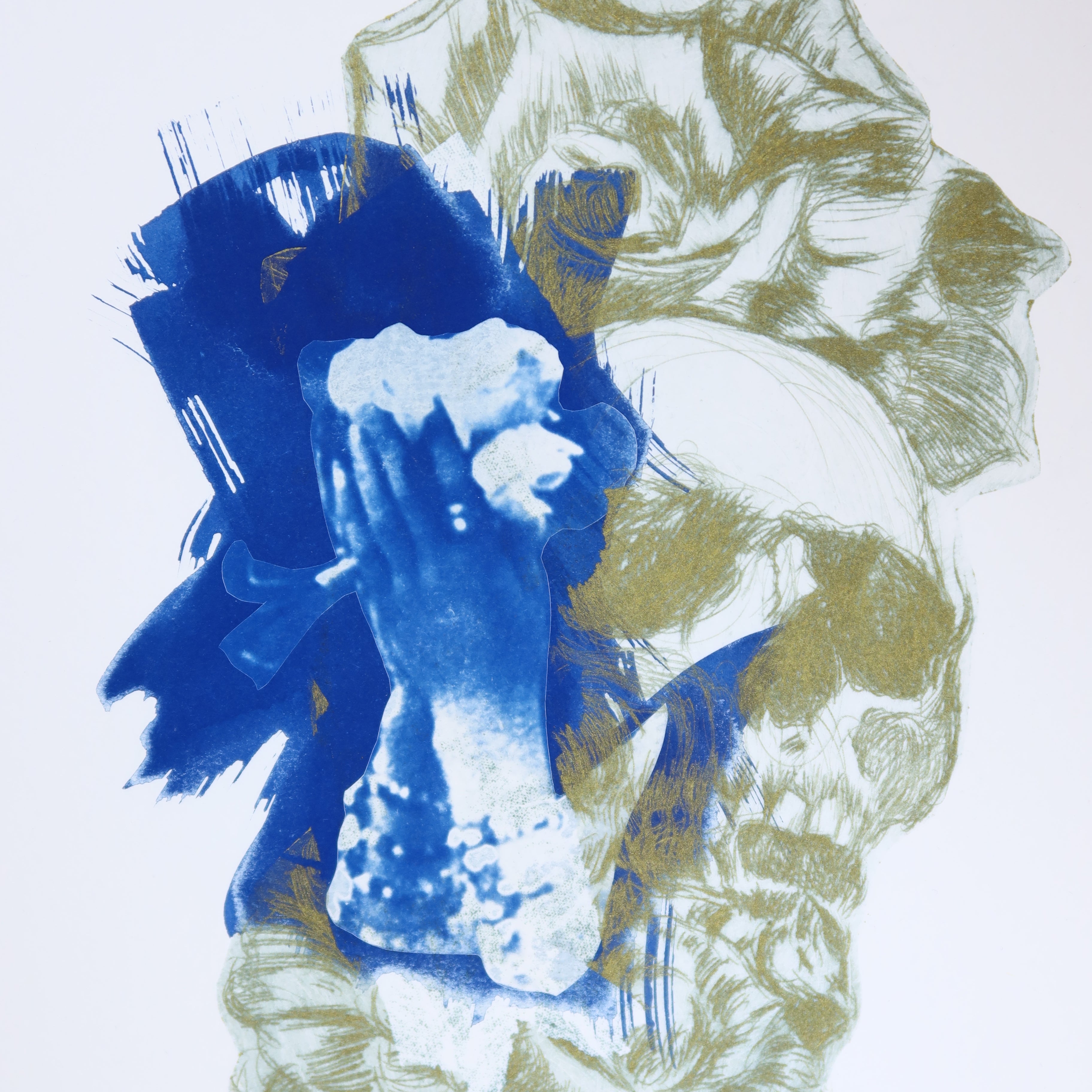 Œuvre originale de la collection Memoria, cyanotype et gravure sur papier, motif de fleurs, de crâne et de mains sur le visage.