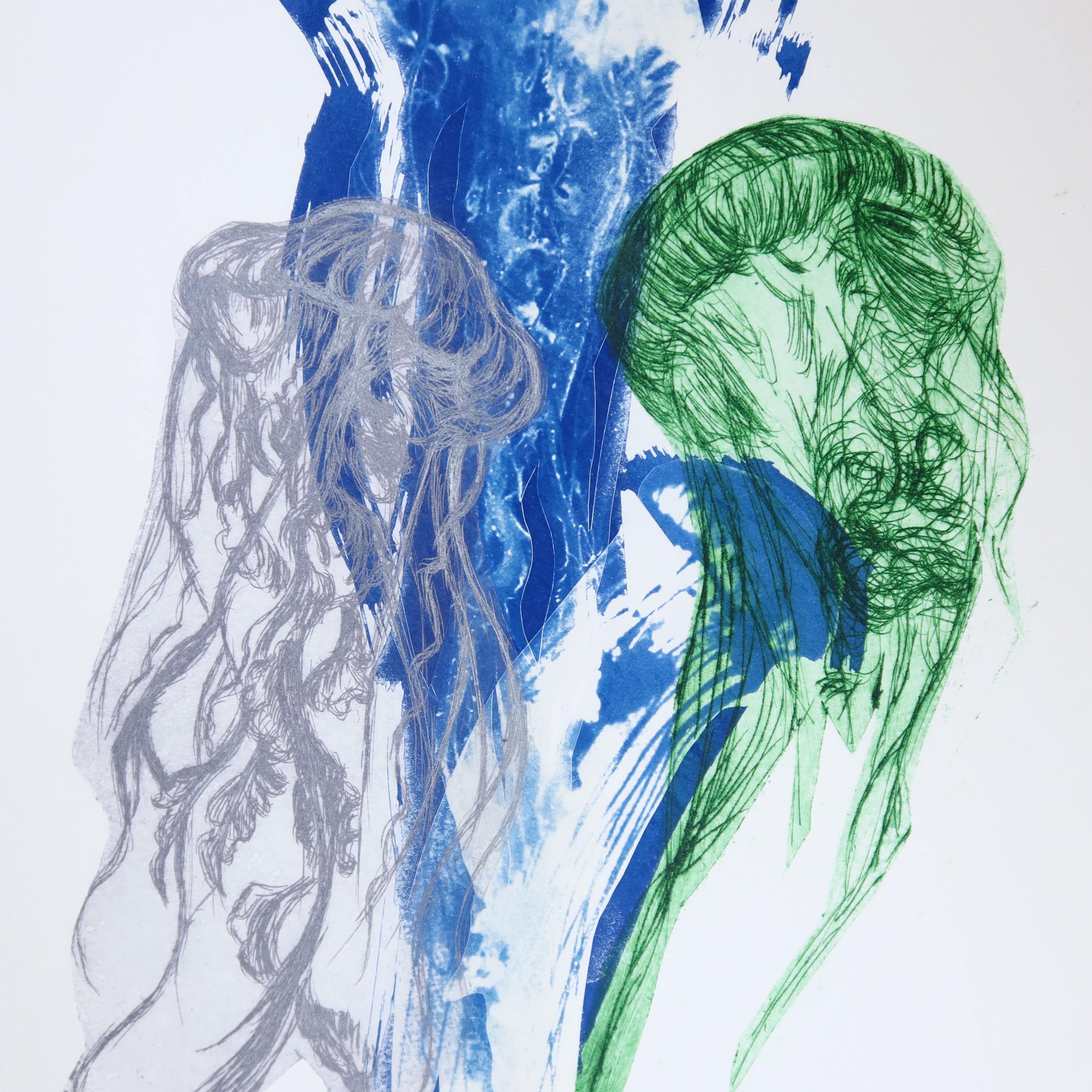 Œuvre originale de la collection Memoria, cyanotype et gravure sur papier, motif de méduses, univers marin.