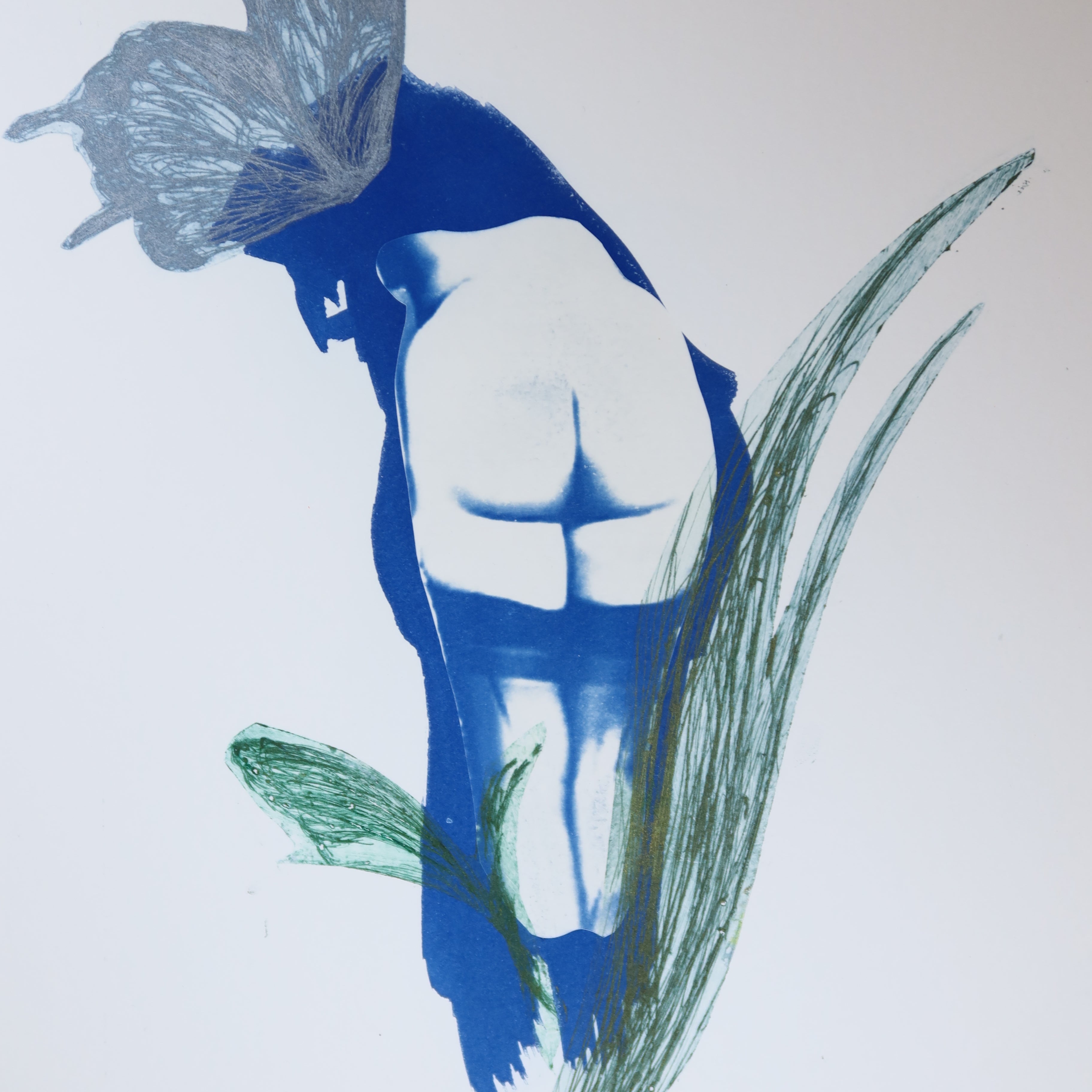 Œuvre originale de la collection Memoria, cyanotype et gravure sur papier, représentation d’un corps avec un papillon, teintes bleues et vertes.