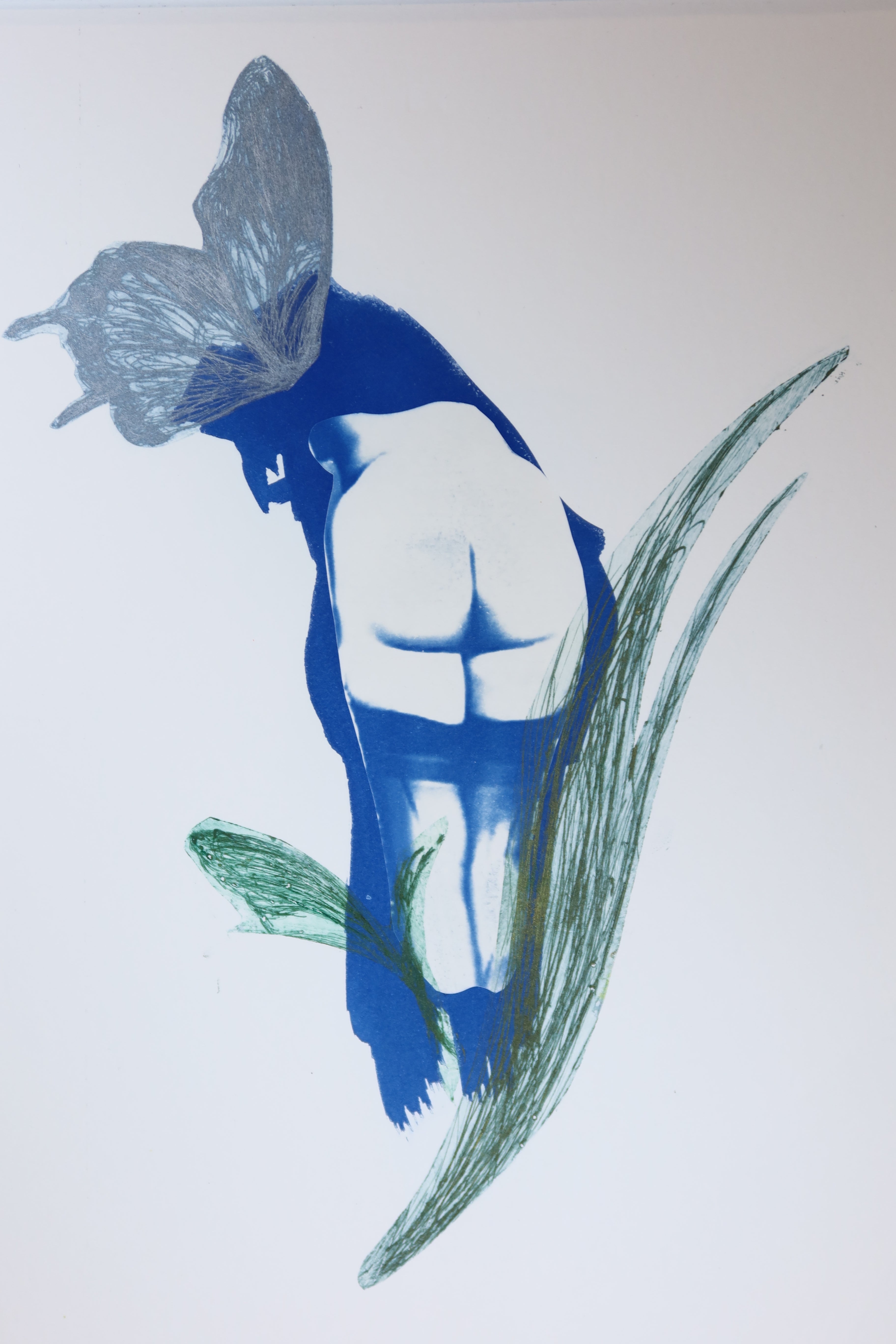 Œuvre originale de la collection Memoria, cyanotype et gravure sur papier, représentation d’un corps avec un papillon, teintes bleues et vertes.
