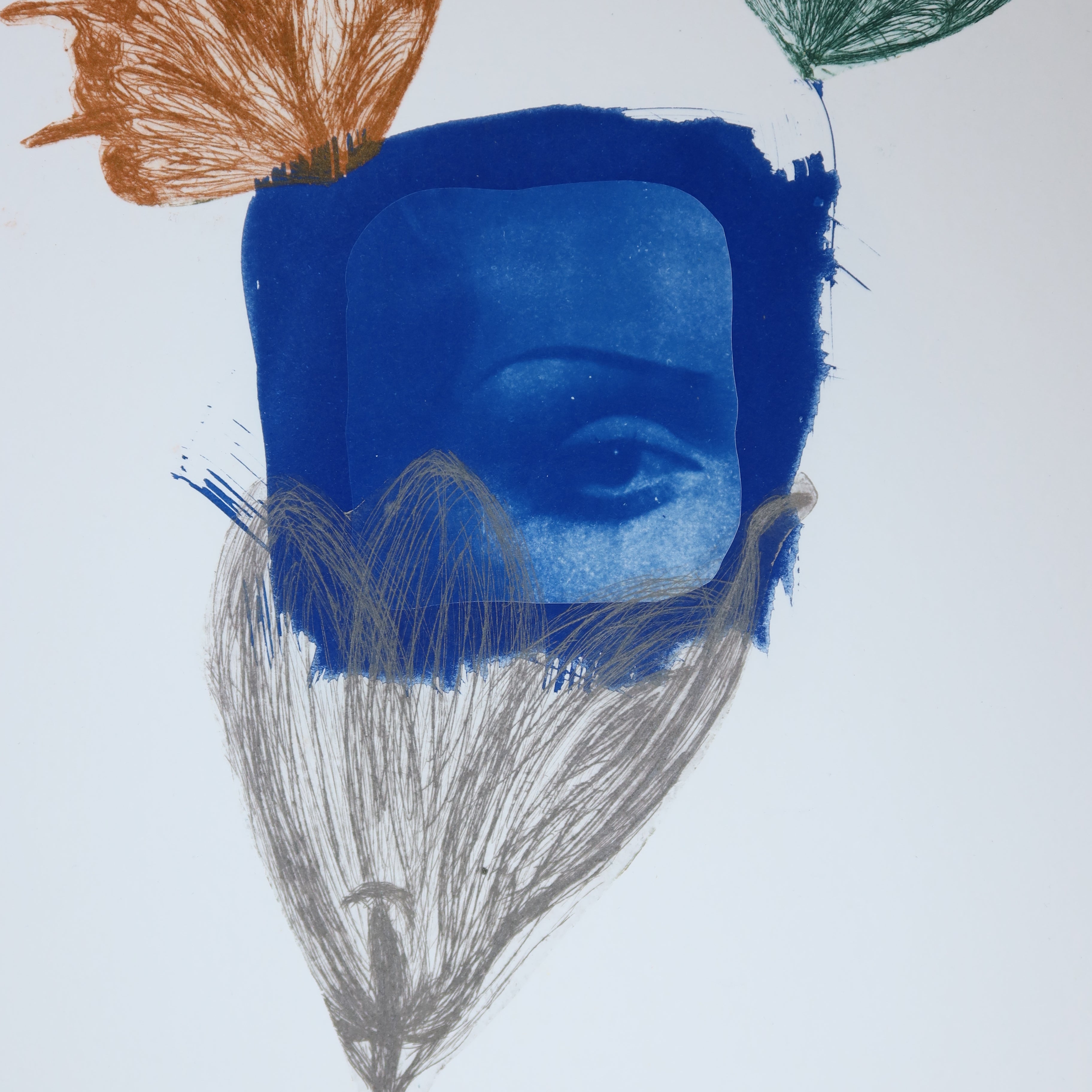 Œuvre originale de la collection Memoria, cyanotype et gravure sur papier, motif de papillons et d’un œil évoquant le regard.