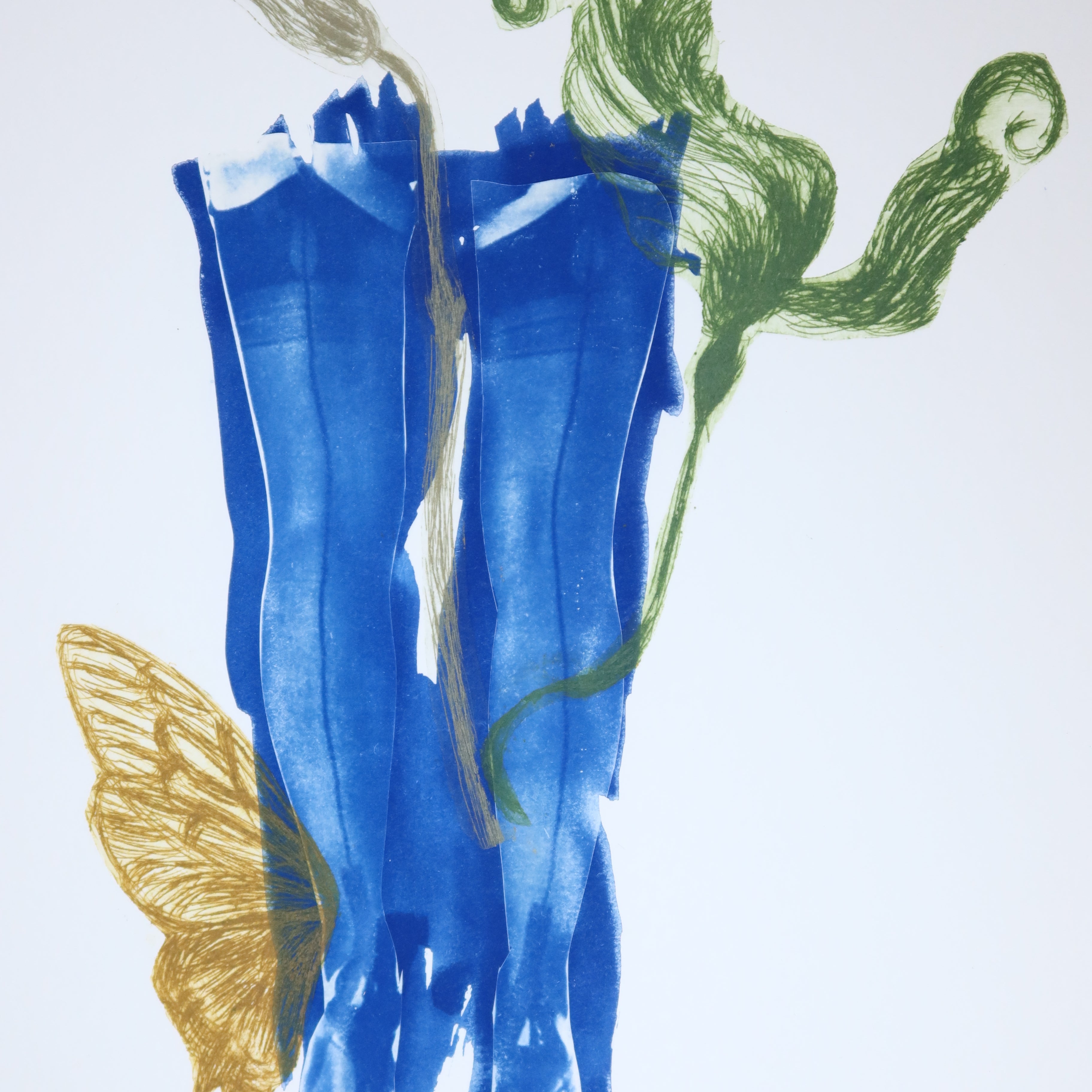 Œuvre originale de la collection Memoria, cyanotype et gravure sur papier, motif de talons et de papillon.