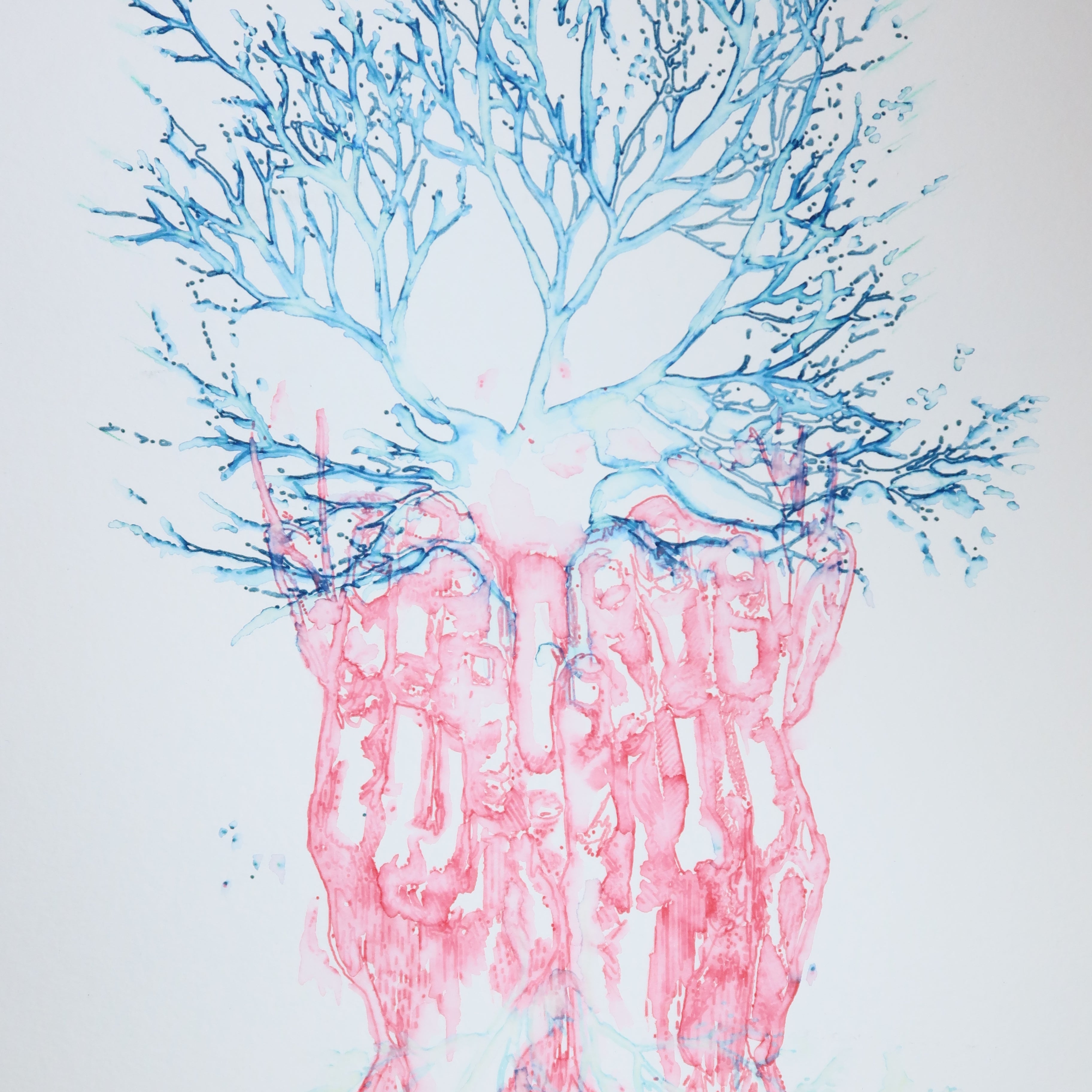 Œuvre originale de la collection Métamorphe, aquarelle sur papier, motif d’arbre, de visage et de mains, avec des branches fondues avec le visage.