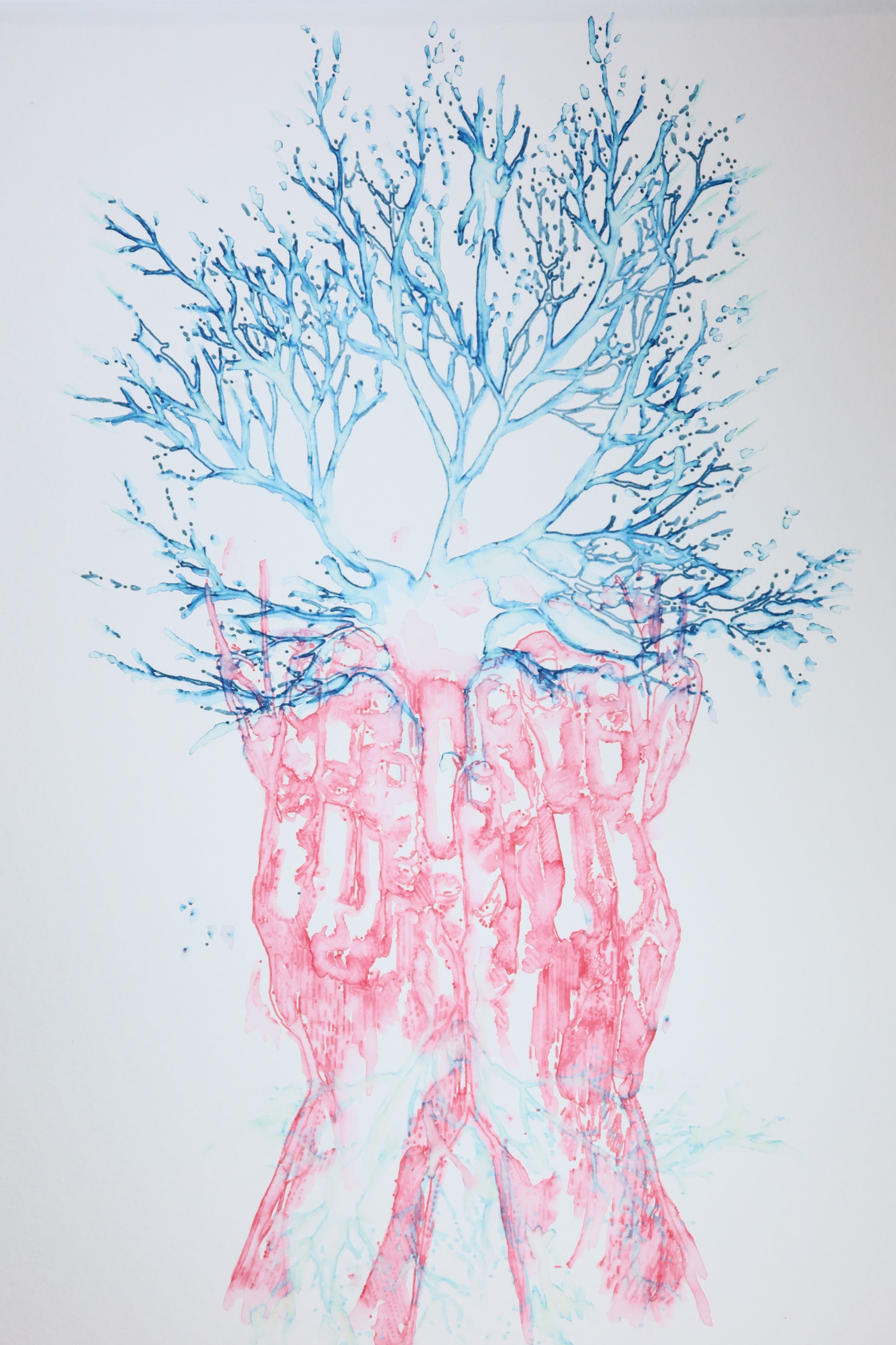 Œuvre originale de la collection Métamorphe, aquarelle sur papier, motif d’arbre, de visage et de mains, avec des branches fondues avec le visage.