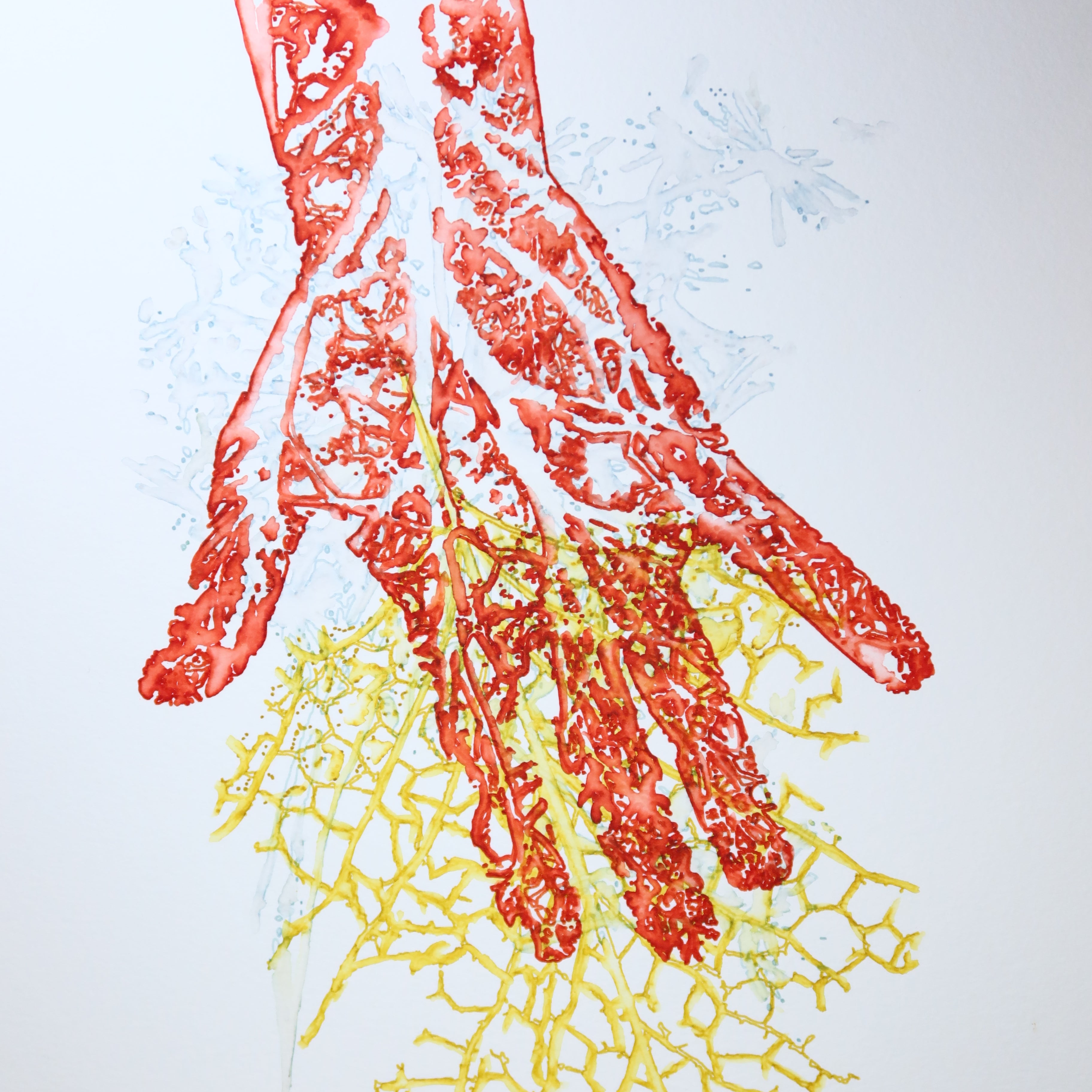 Œuvre originale de la collection Métamorphe, aquarelle sur papier, motif de main et de feuille.