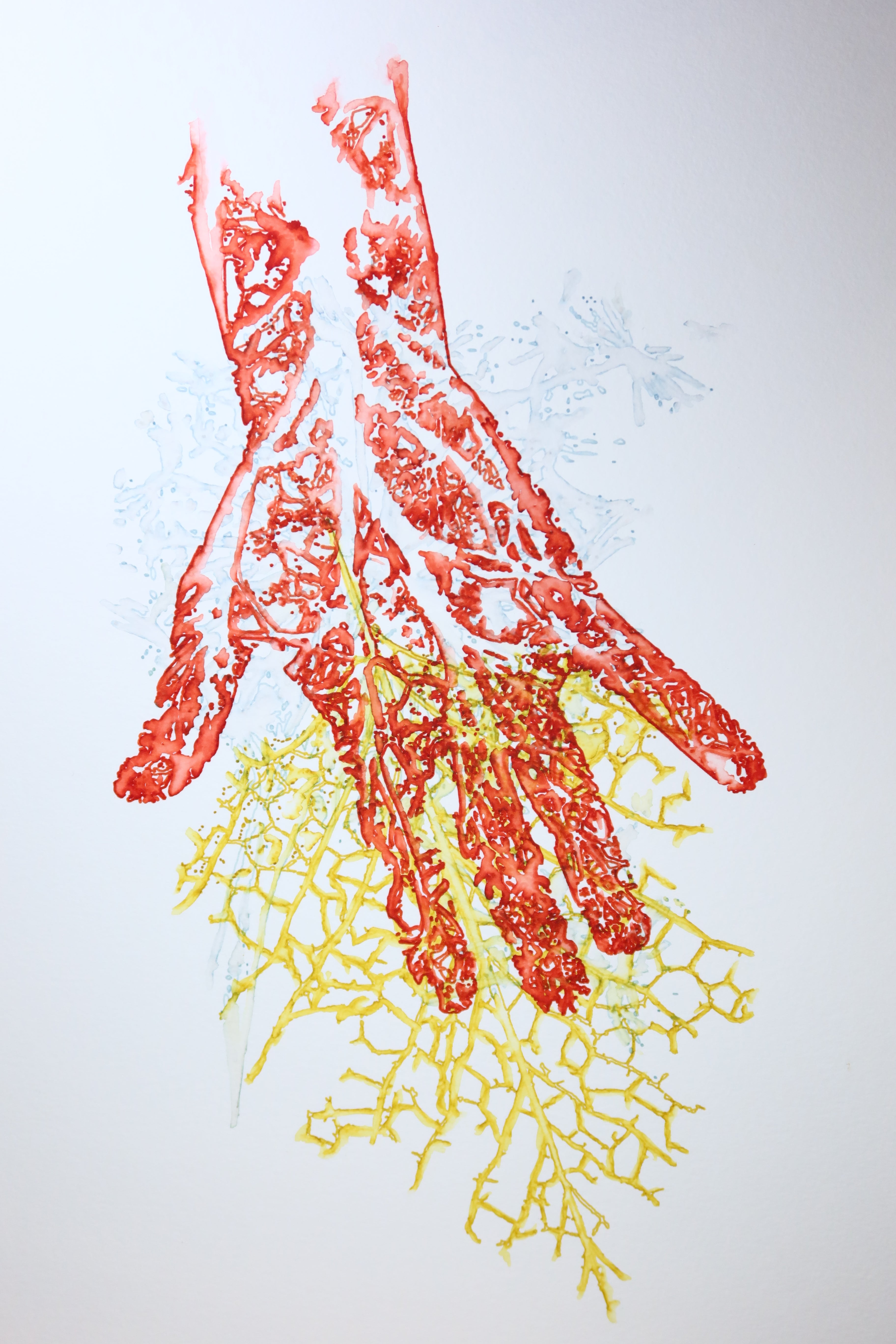 Œuvre originale de la collection Métamorphe, aquarelle sur papier, motif de main et de feuille.