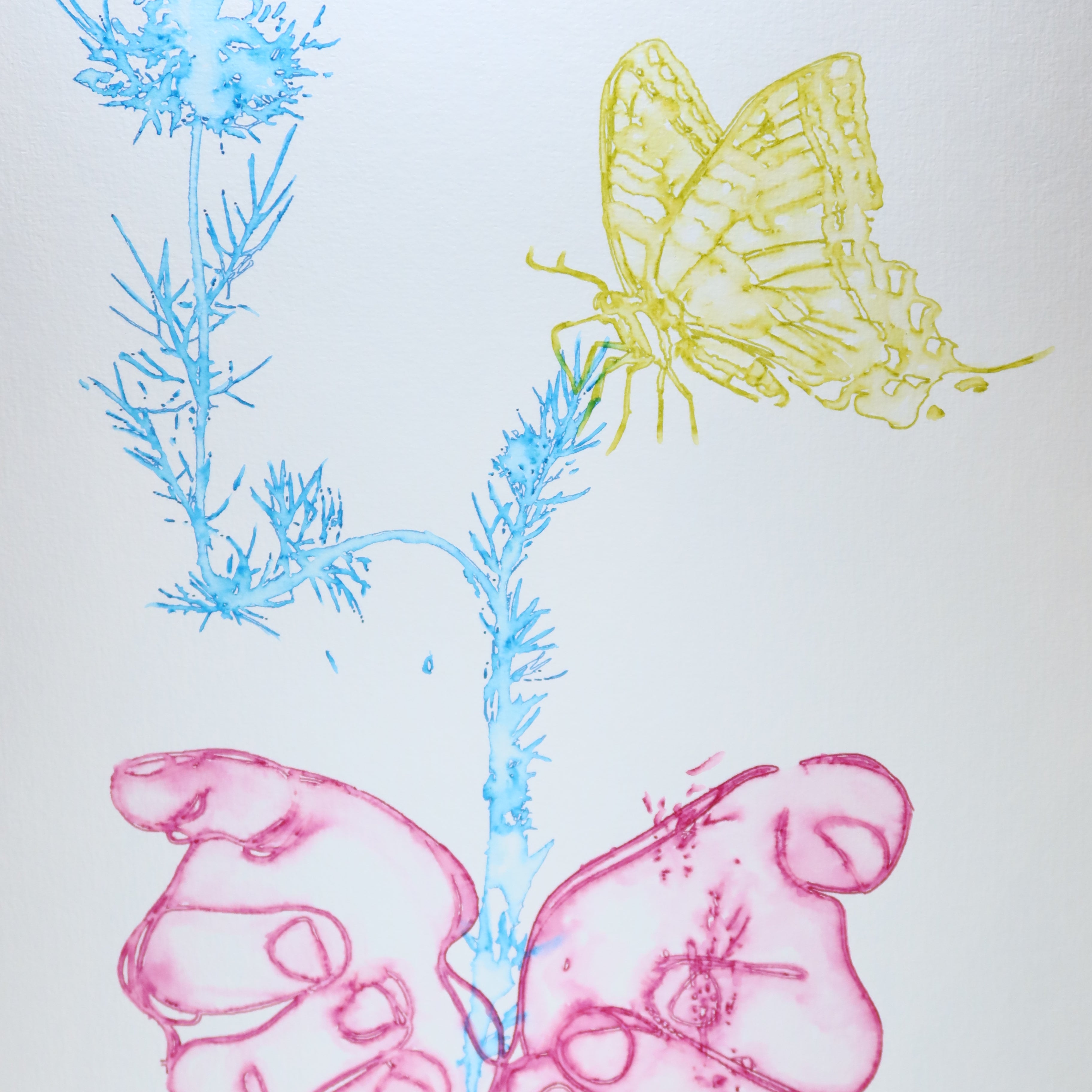 Œuvre originale de la collection Métamorphe, aquarelle sur papier, motif de mains et de papillon, aux teintes rose, bleu et jaune.
