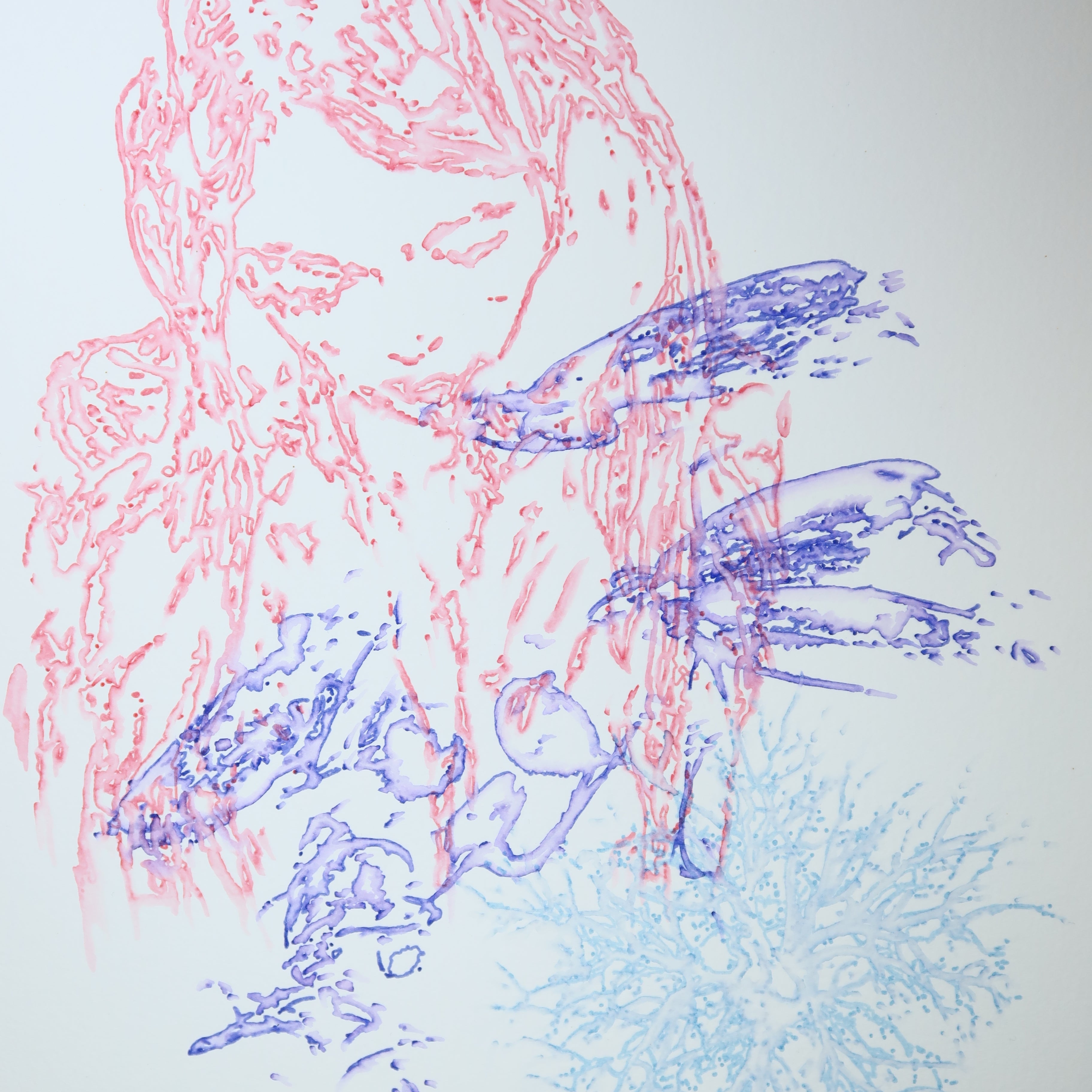 Œuvre originale de la collection Métamorphe, aquarelle sur papier, motif de visage entouré de nature, au rendu délicat.