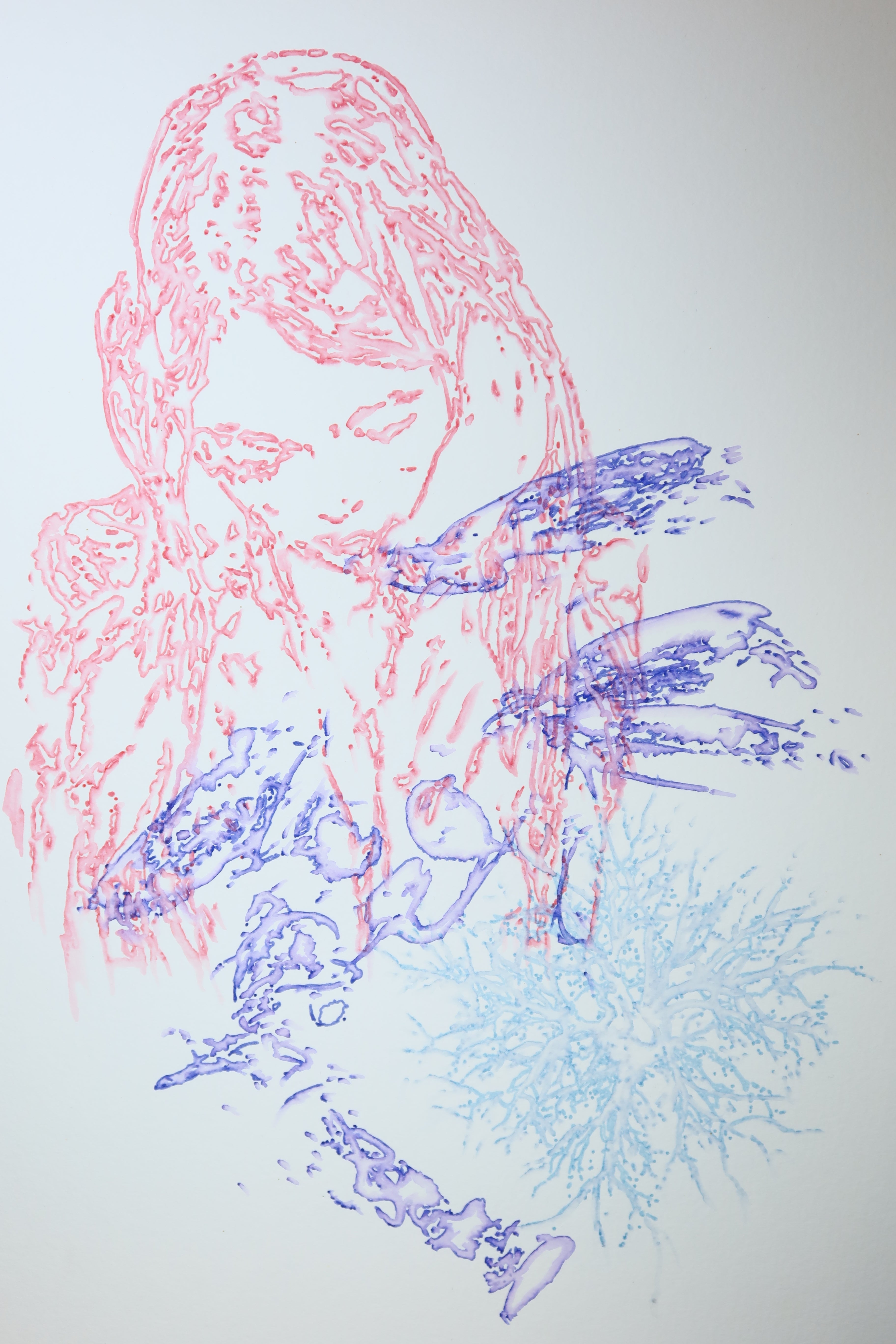 Œuvre originale de la collection Métamorphe, aquarelle sur papier, motif de visage entouré de nature, au rendu délicat.