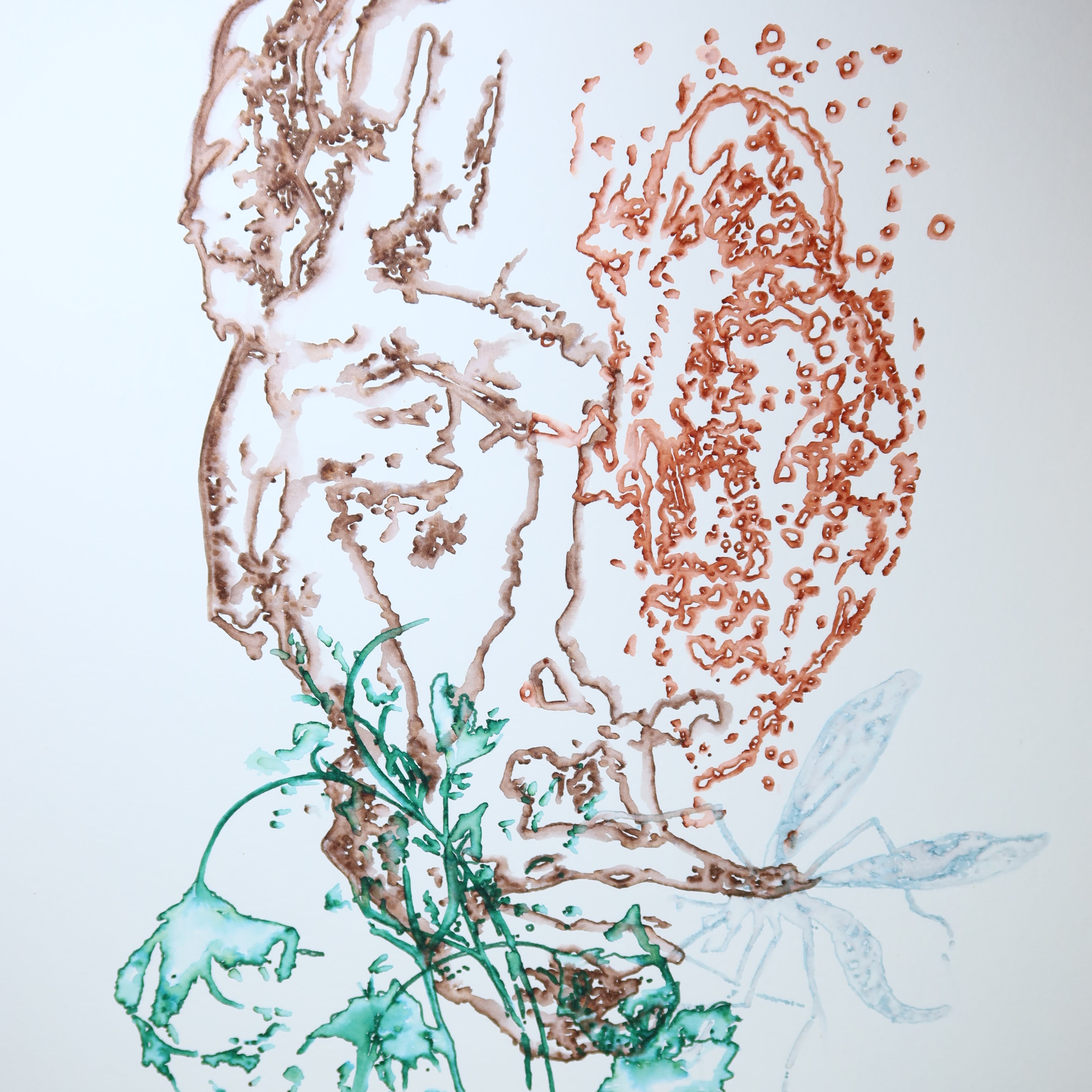 Œuvre originale de la collection Métamorphe, aquarelle sur papier, motif de visage, de fleur et de libellule, au rendu délicat.