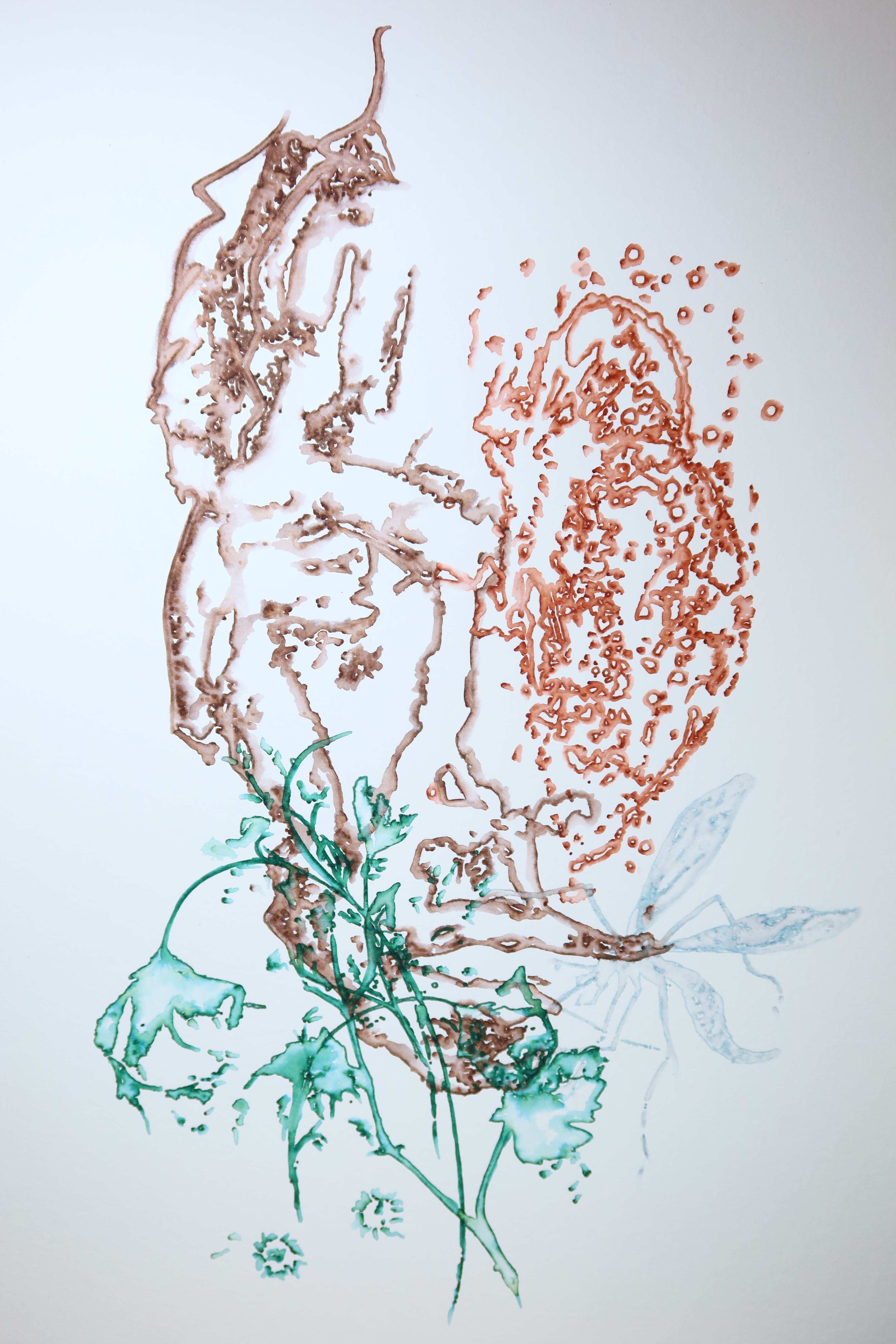 Œuvre originale de la collection Métamorphe, aquarelle sur papier, motif de visage, de fleur et de libellule, au rendu délicat.