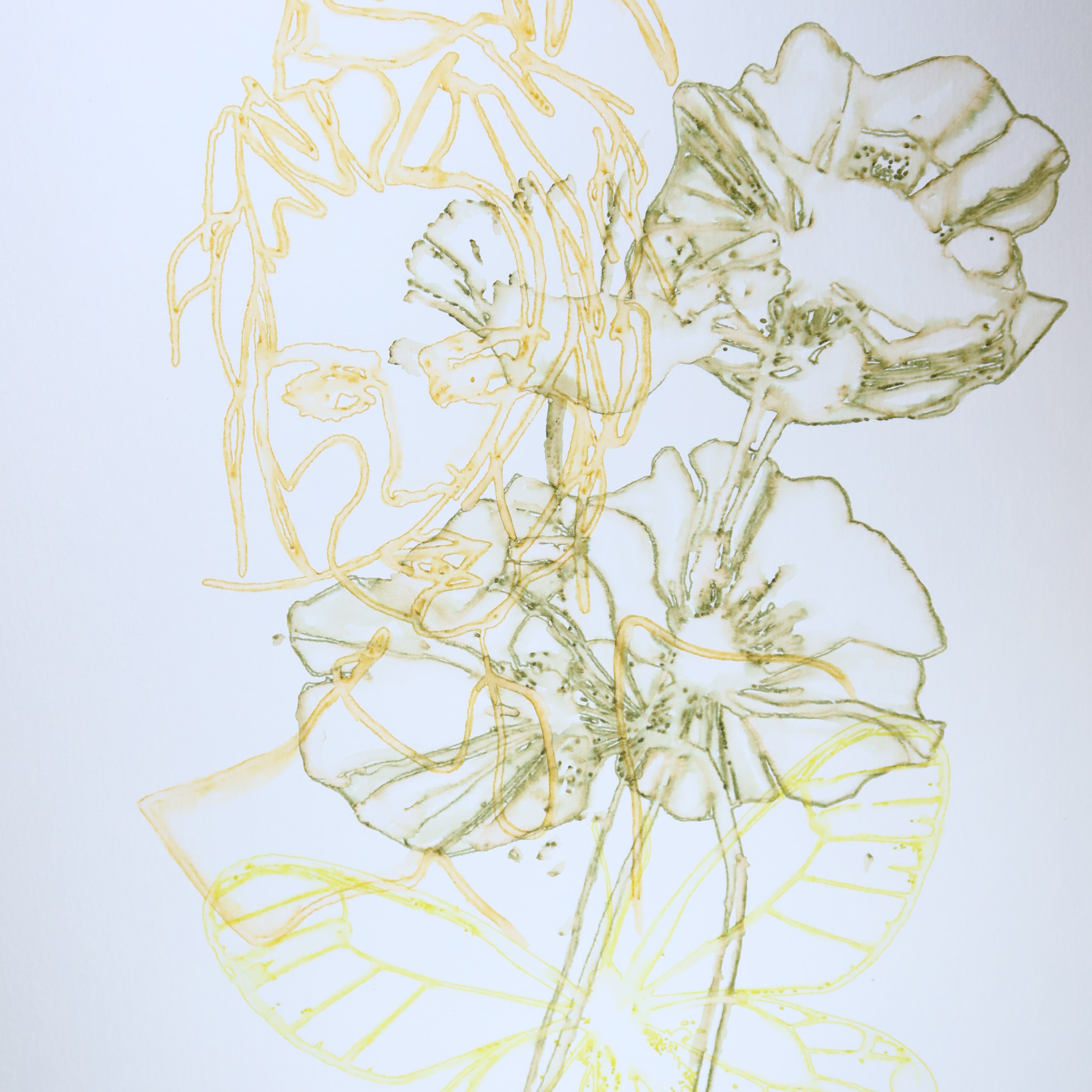 Œuvre originale de la collection Métamorphe, aquarelle sur papier, motif de visage, de fleur et de papillon, aux teintes jaune, vert et orange.