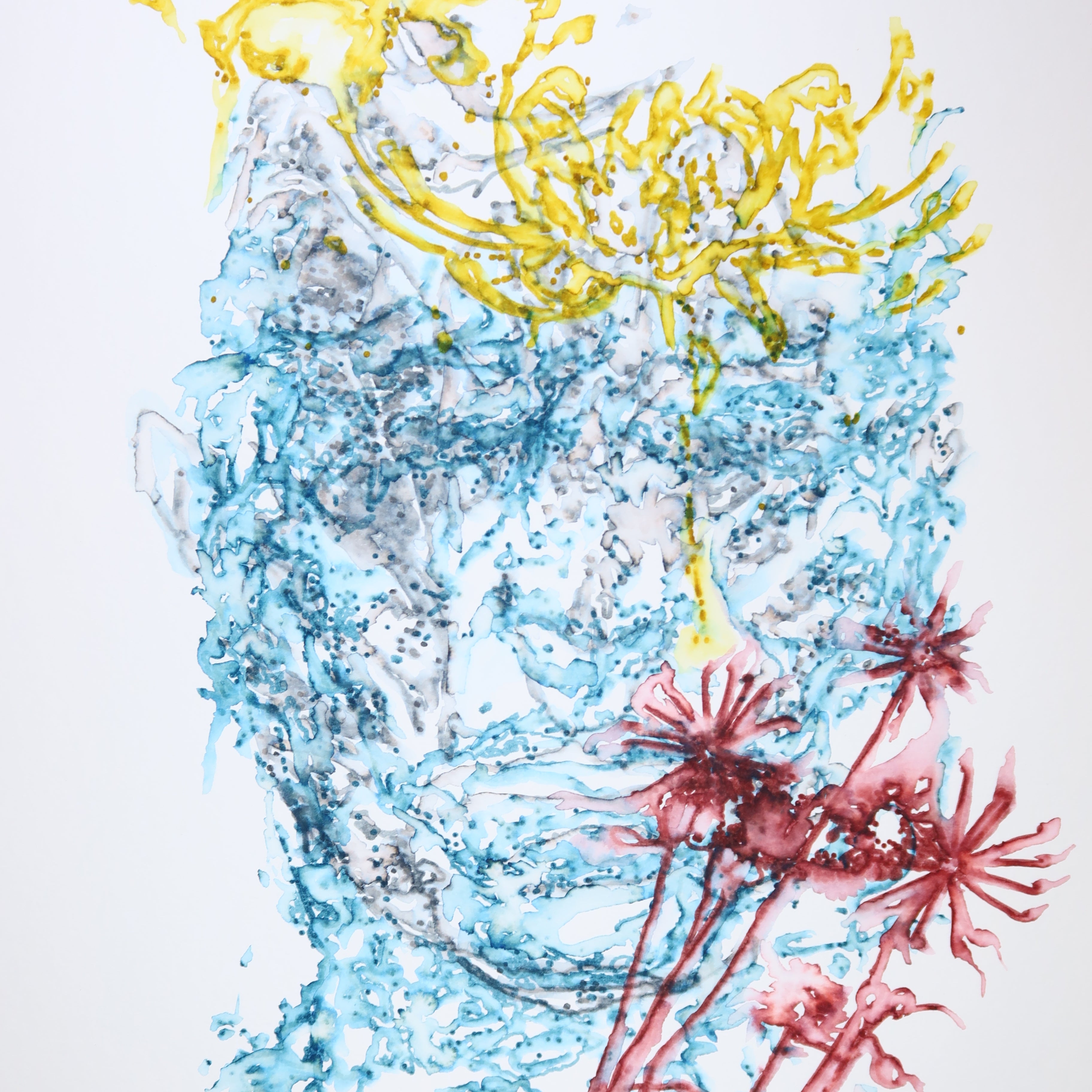 Œuvre originale de la collection Métamorphe, aquarelle sur papier, motif de visage et de fleurs, aux teintes bleu, jaune et rouge.