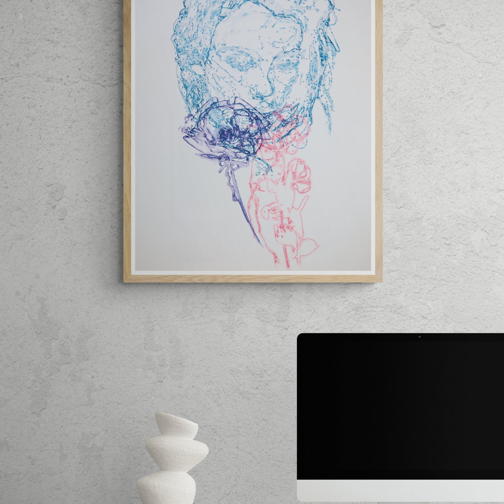 Œuvre de la collection Métamorphe encadrée, aquarelle sur papier, motif de visage et rose, au rendu délicat, présentée en intérieur.
