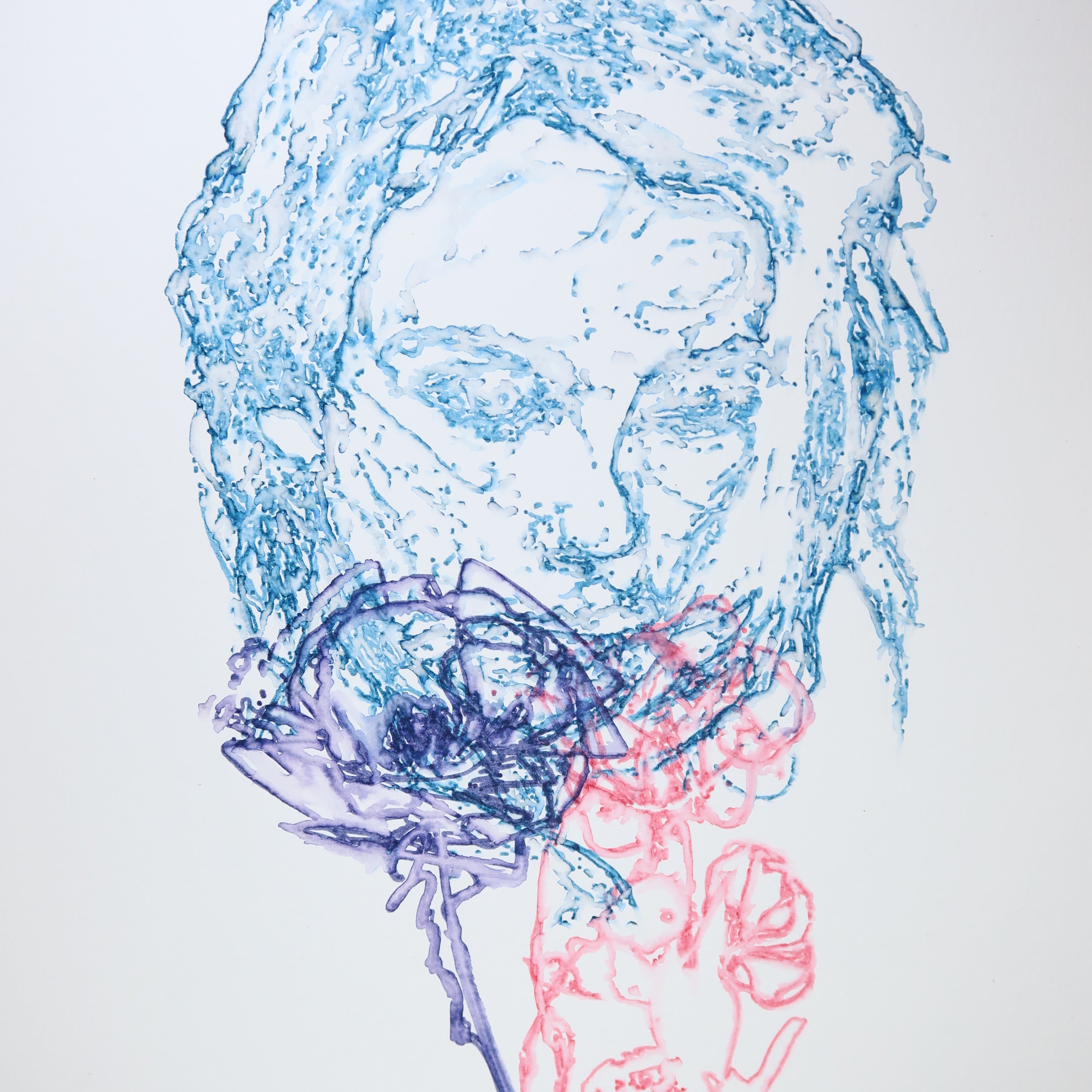 Œuvre originale de la collection Métamorphe, aquarelle sur papier, motif de visage et rose, au rendu délicat.