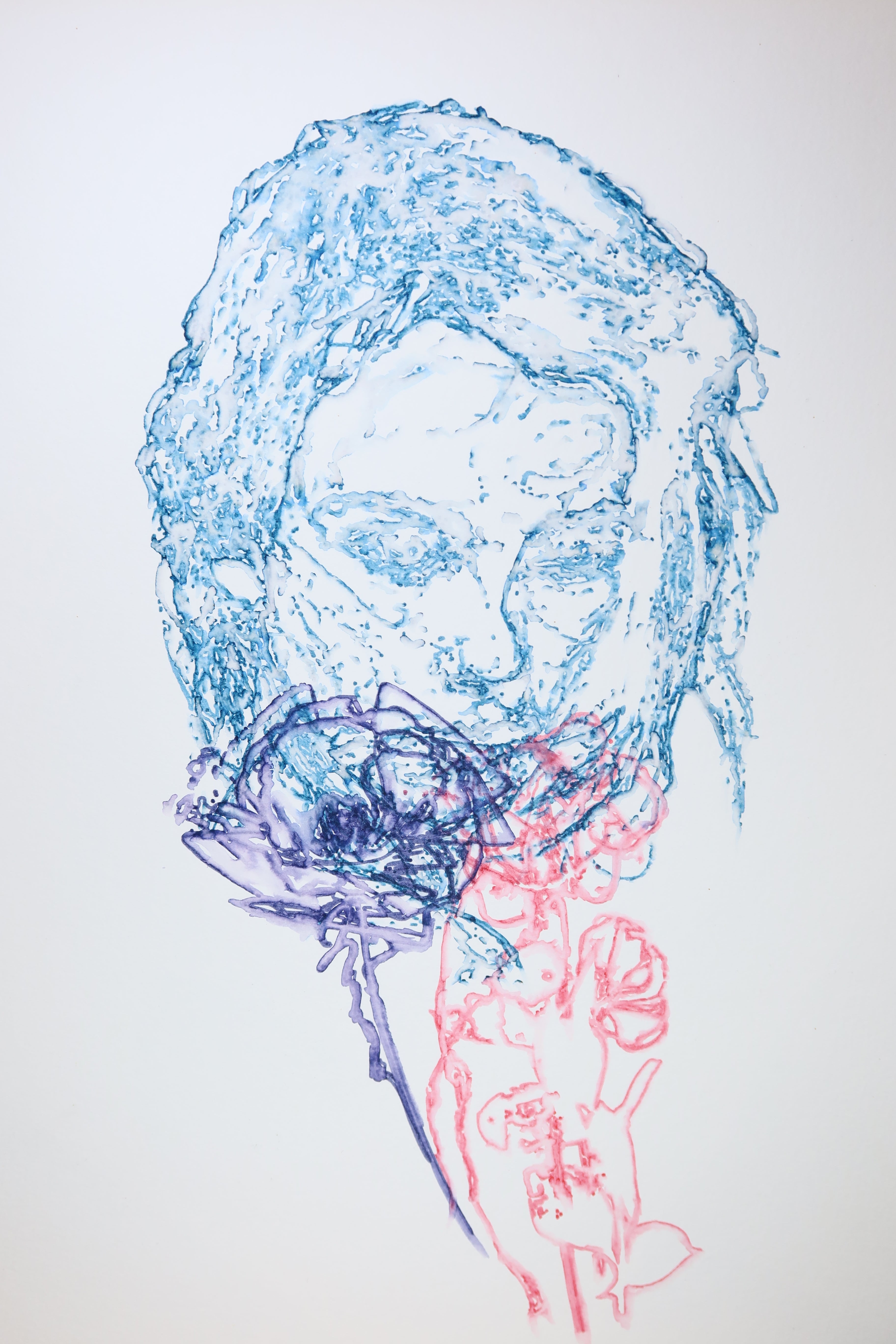 Œuvre originale de la collection Métamorphe, aquarelle sur papier, motif de visage et rose, au rendu délicat.