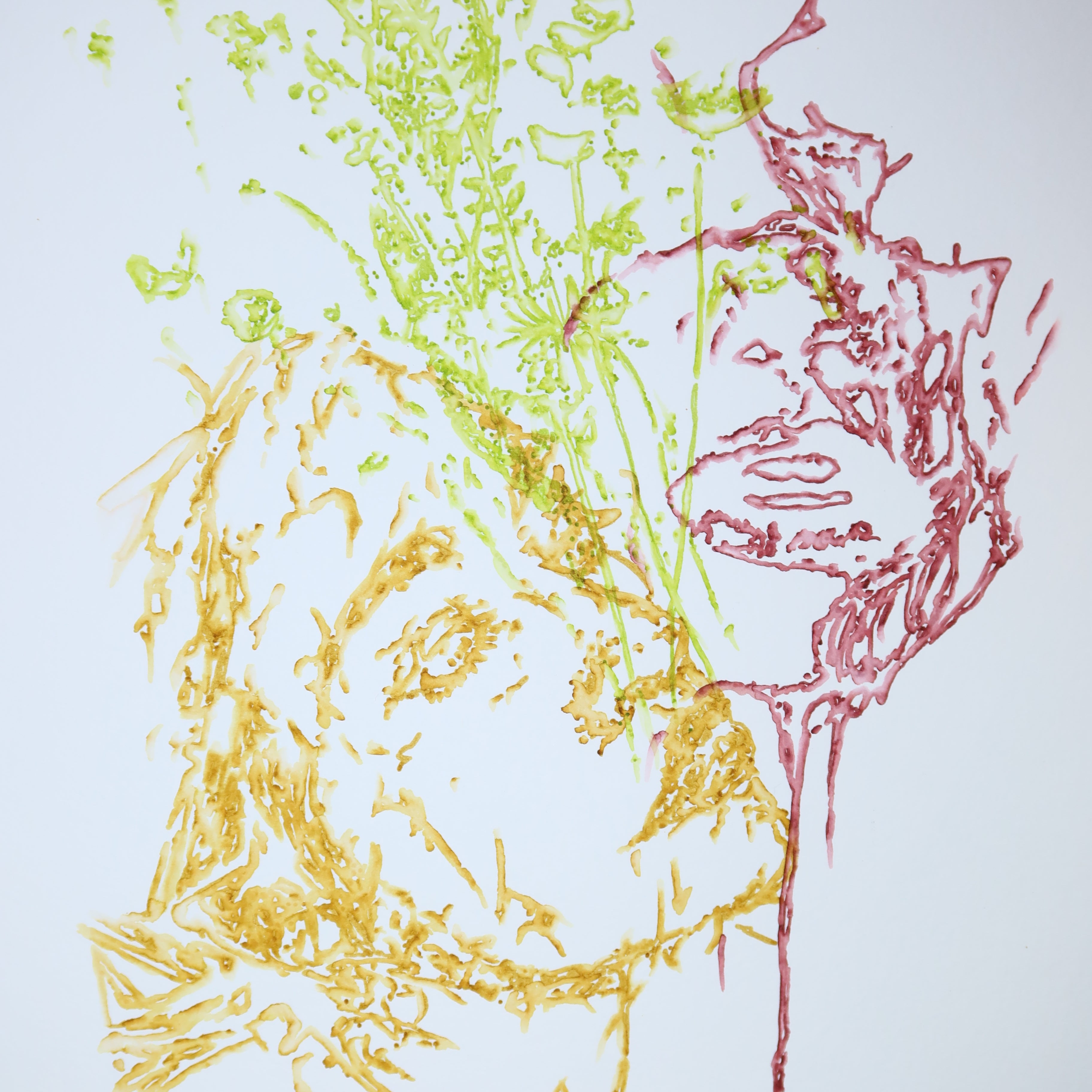 Œuvre originale de la collection Métamorphe, aquarelle sur papier, motif de visages entourés de feuillage, au rendu délicat.