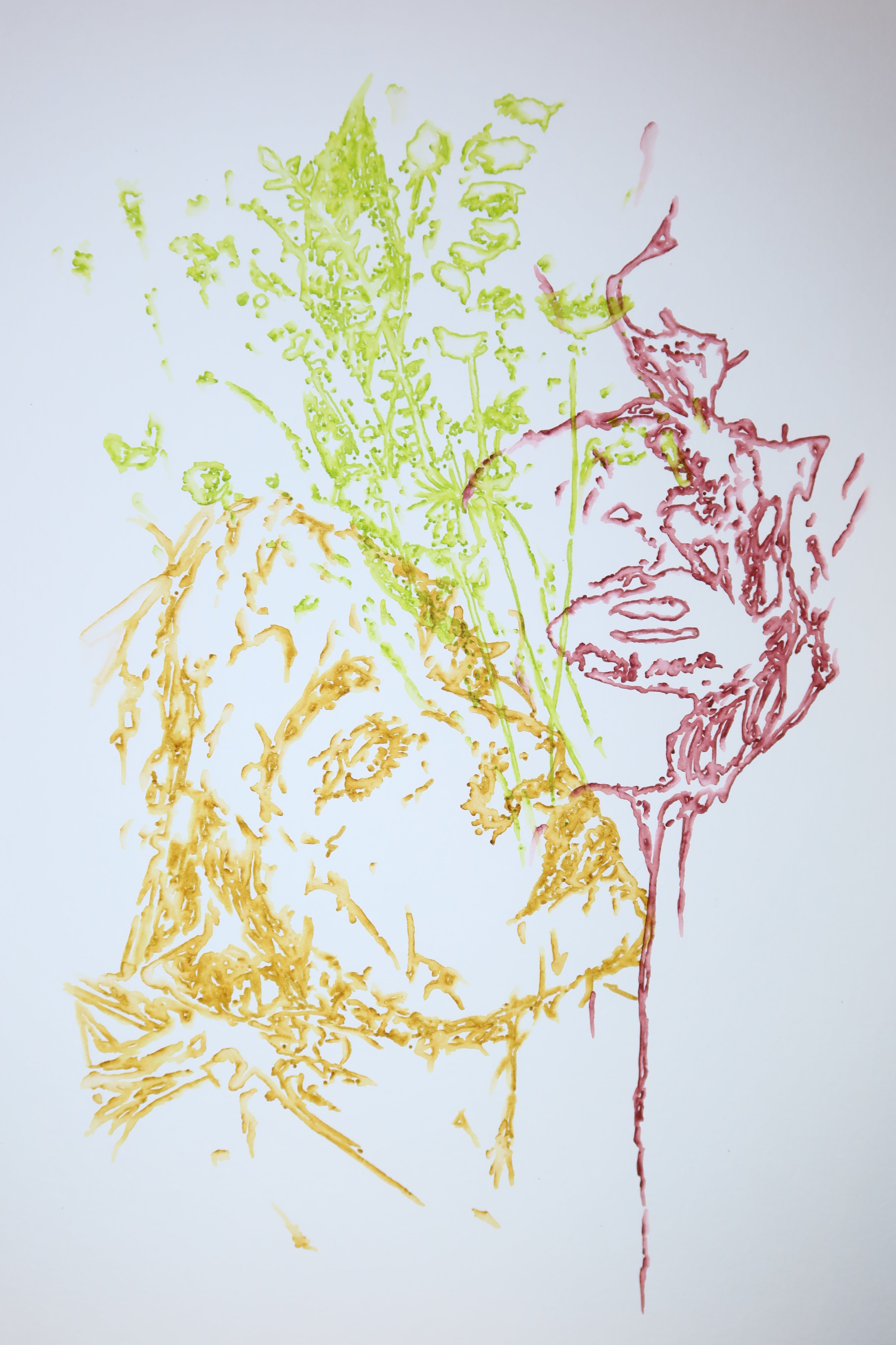 Œuvre originale de la collection Métamorphe, aquarelle sur papier, motif de visages entourés de feuillage, au rendu délicat.