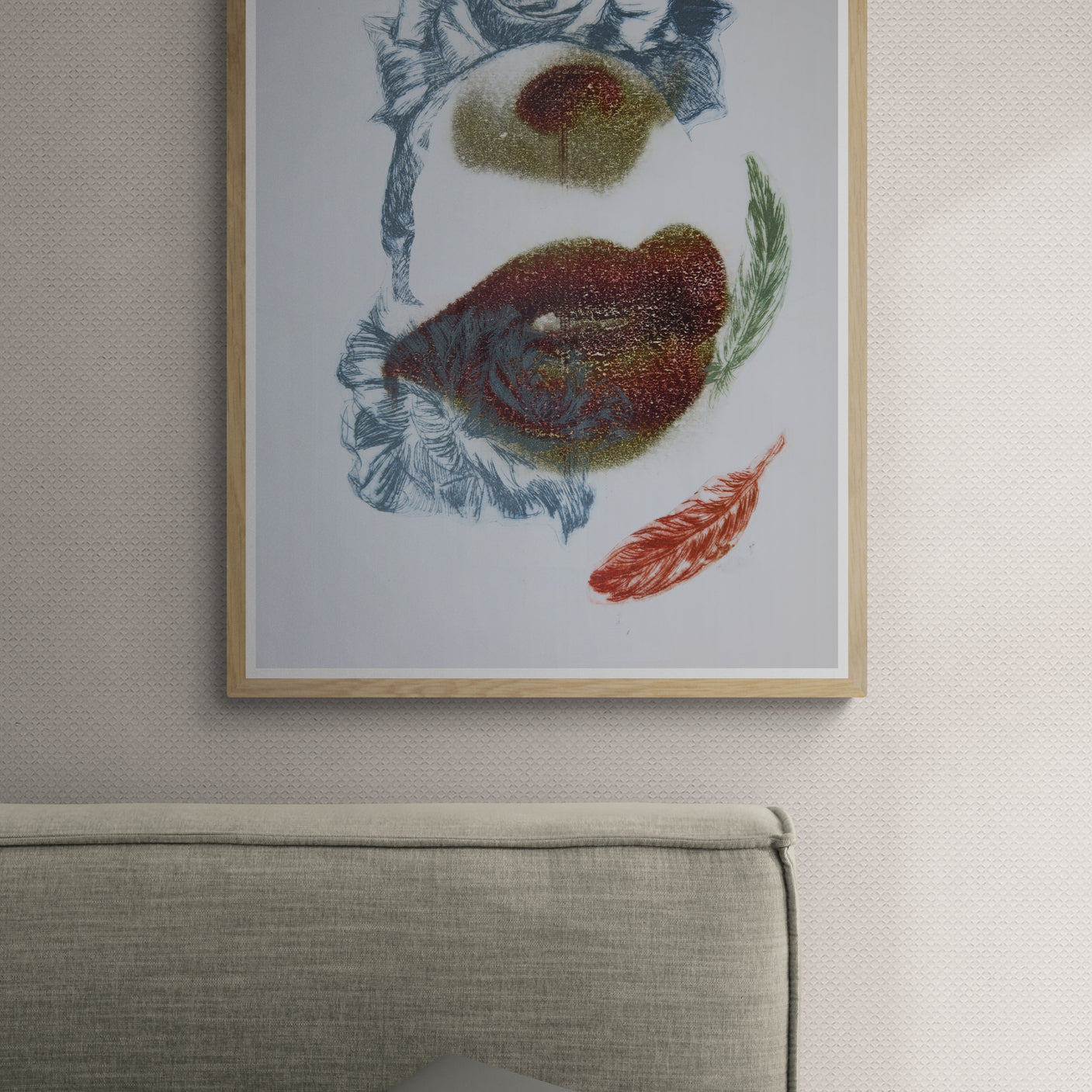 Œuvre encadrée de la collection Spiritus, gravure image imprimée représentant une bouche avec roses et plumes.