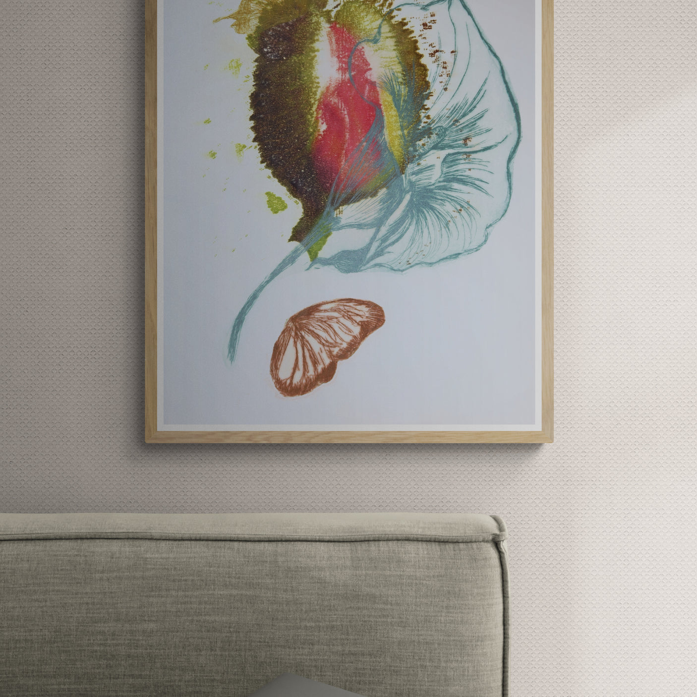Œuvre de la collection Spiritus, gravure image imprimée représentant une composition botanique avec papillons en mouvement et plante carnivore, présentée dans un espace intérieur paisible.