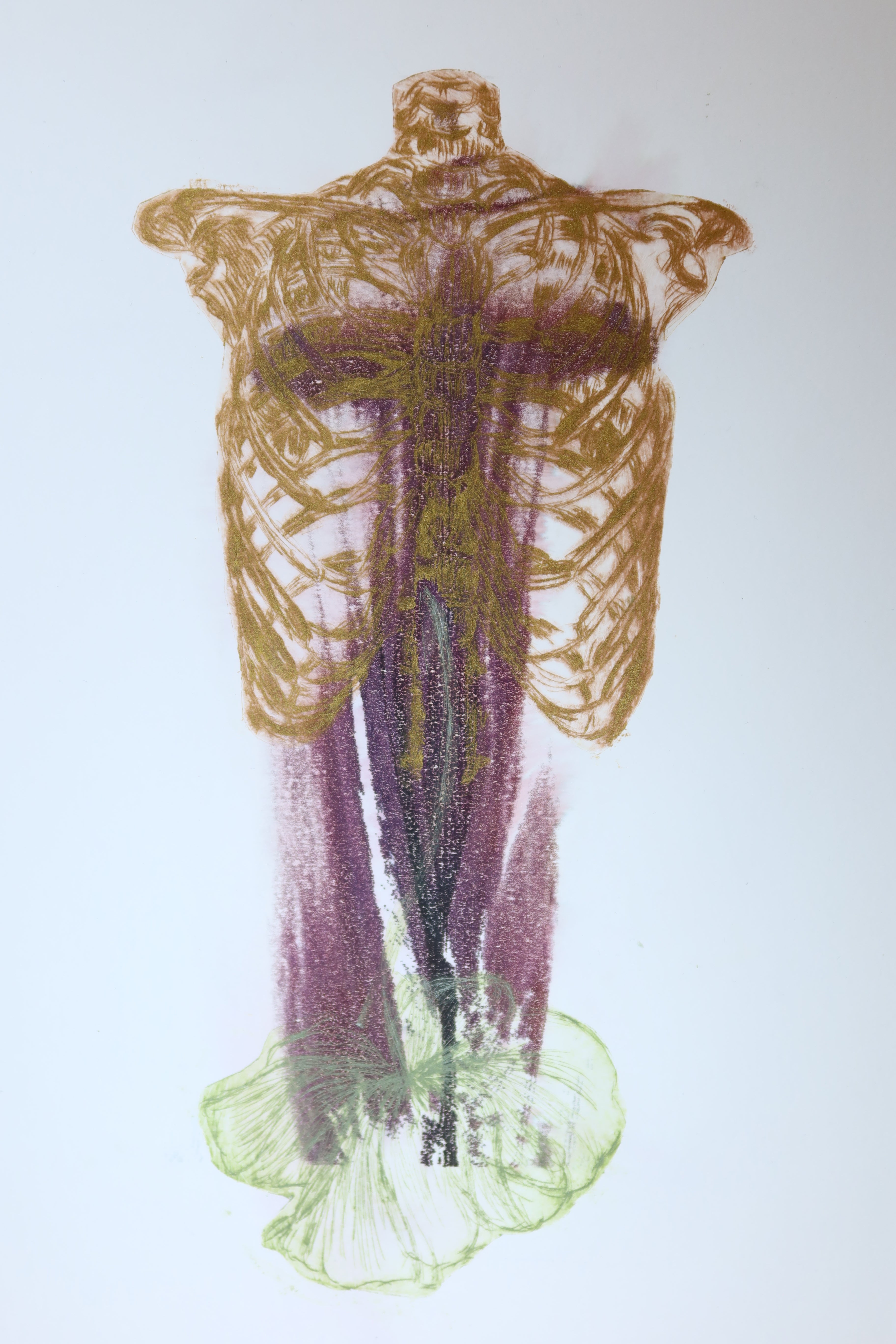Œuvre originale de la collection Spiritus, gravure image imprimée représentant un corps sous forme de buste anatomique intégré à une composition verticale.
