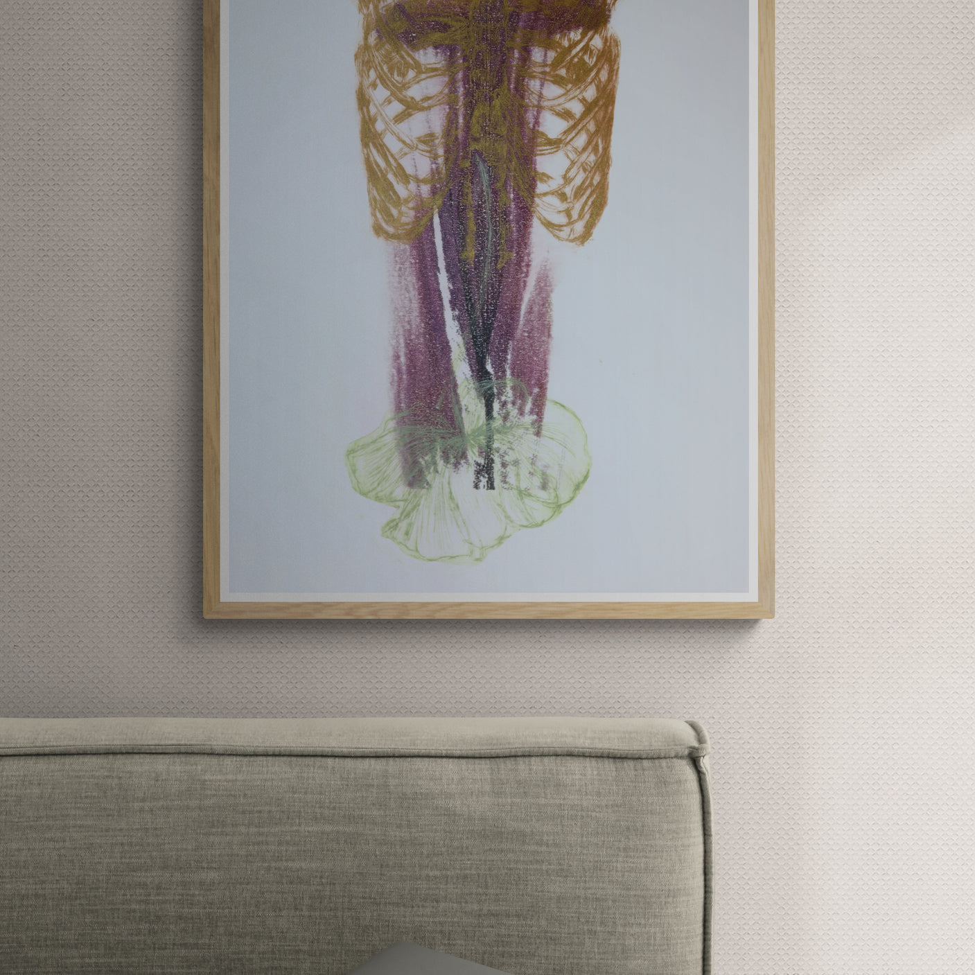 Œuvre encadrée de la collection Spiritus, gravure image imprimée représentant un corps et un buste anatomique au sein d’une composition verticale.