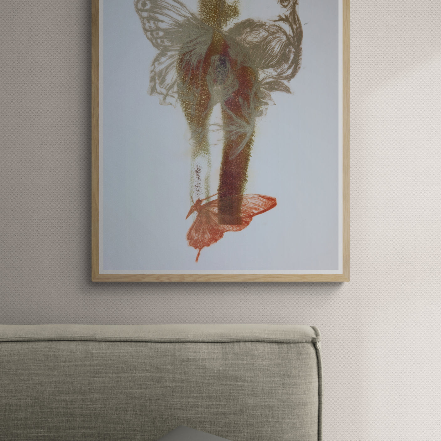 Œuvre encadrée de la collection Spiritus, gravure image imprimée représentant un crâne anatomique avec papillon superposé au-dessus des yeux.