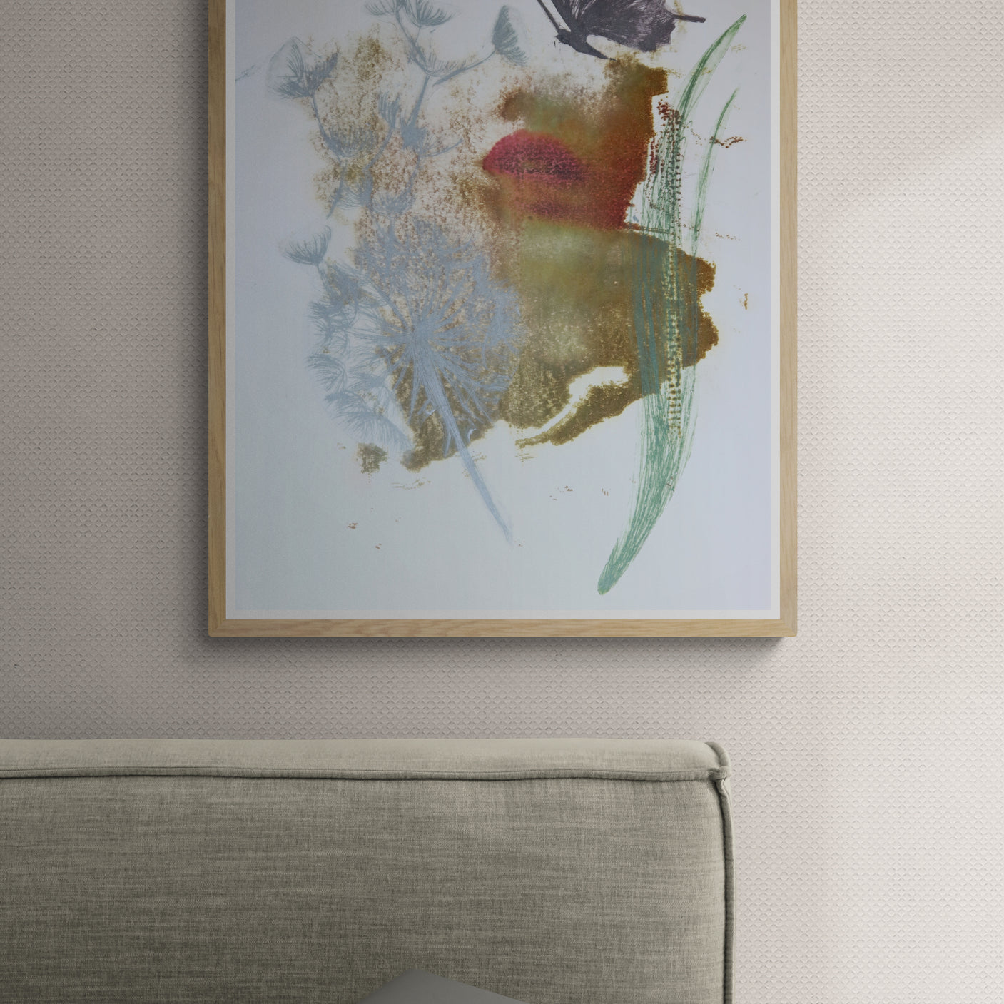 Œuvre encadrée de la collection Spiritus, gravure image imprimée représentant un fragment de visage avec composition intégrant pissenlit et papillon.