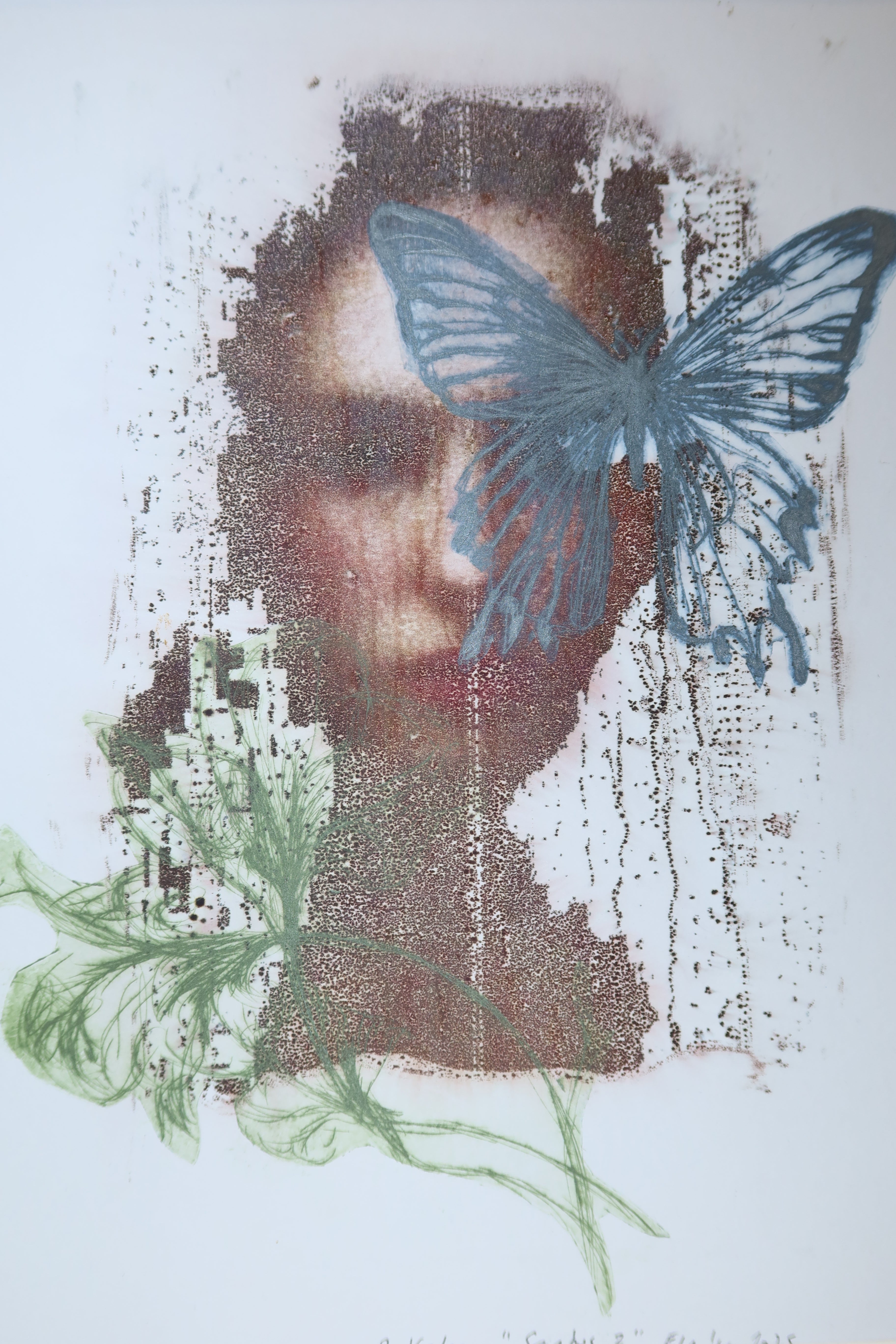 Œuvre originale de la collection Spiritus, gravure image imprimée représentant un visage de femme avec un papillon dans une composition.