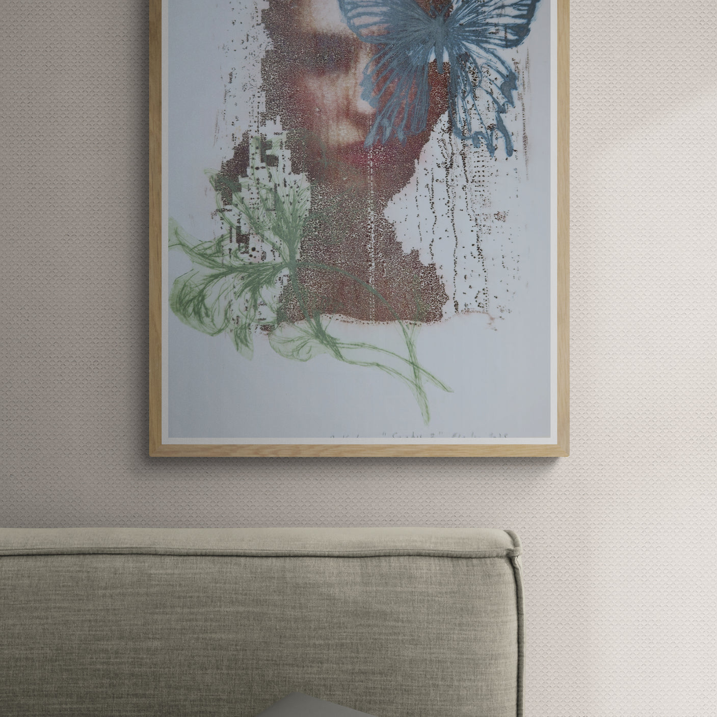 Œuvre de la collection Spiritus, gravure image imprimée représentant un visage de femme, un papillon et une composition, présentée en intérieur.