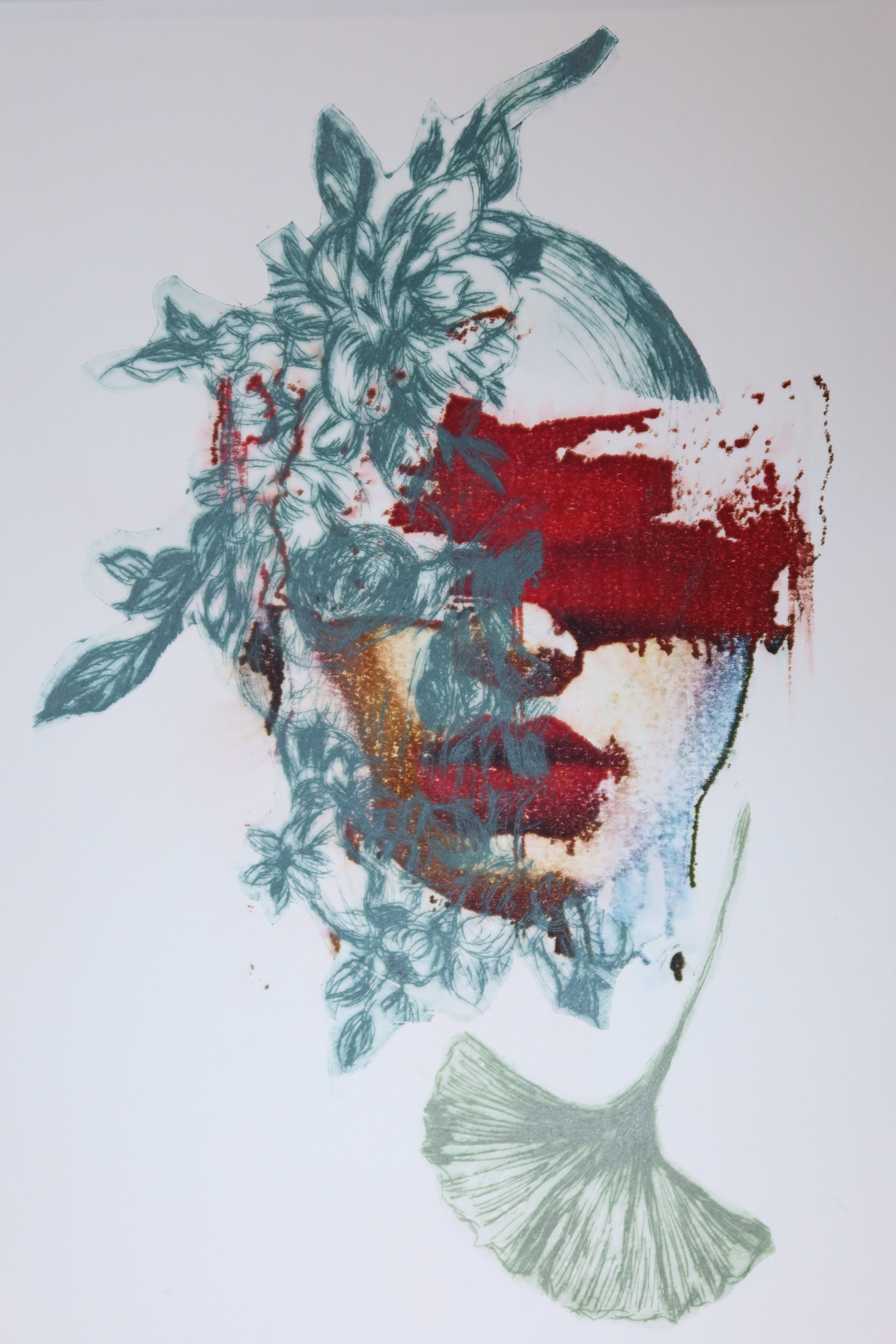 Œuvre originale de la collection Spiritus, gravure image imprimée représentant un visage de femme avec feuillage superposé, éléments de nature et lèvres rouges.