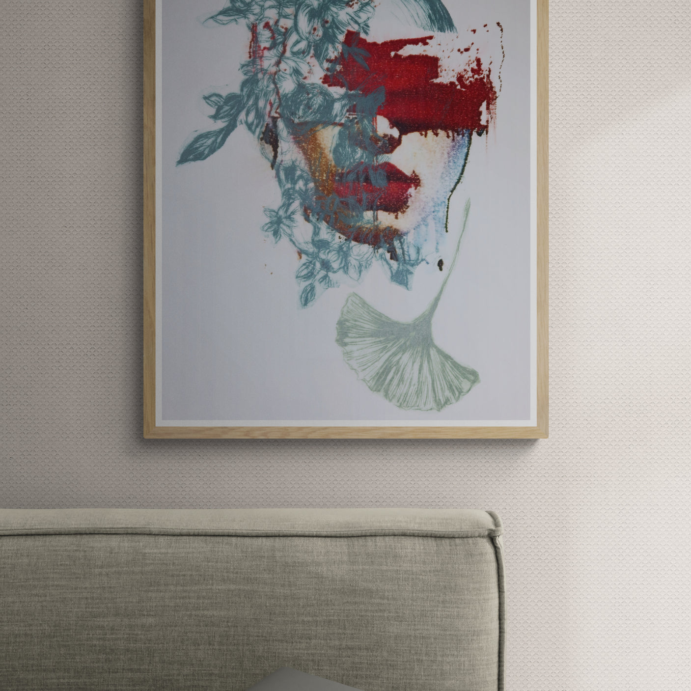 Œuvre encadrée de la collection Spiritus, gravure image imprimée représentant un visage de femme avec feuillage superposé, éléments de nature et lèvres rouges.