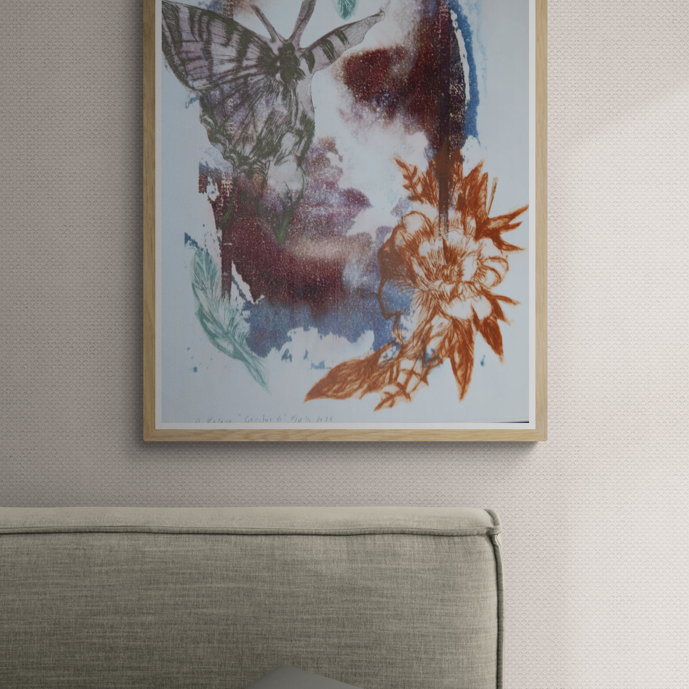 Œuvre encadrée de la collection Spiritus, gravure image imprimée représentant un visage avec papillon, fleurs et feuilles.