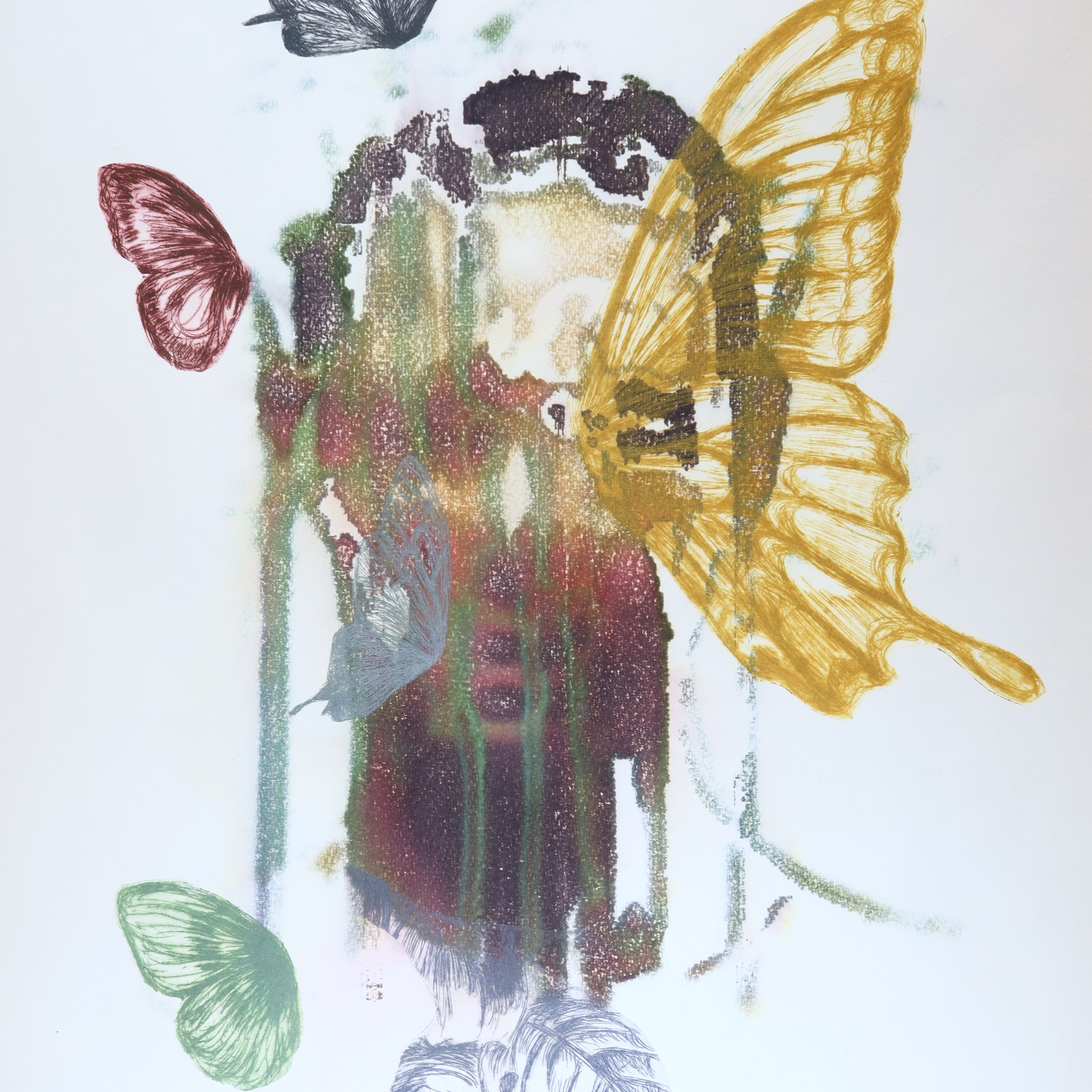 Œuvre originale de la collection Spiritus, gravure et image imprimée sur papier, visage intégré dans une composition avec papillons et éléments botaniques.