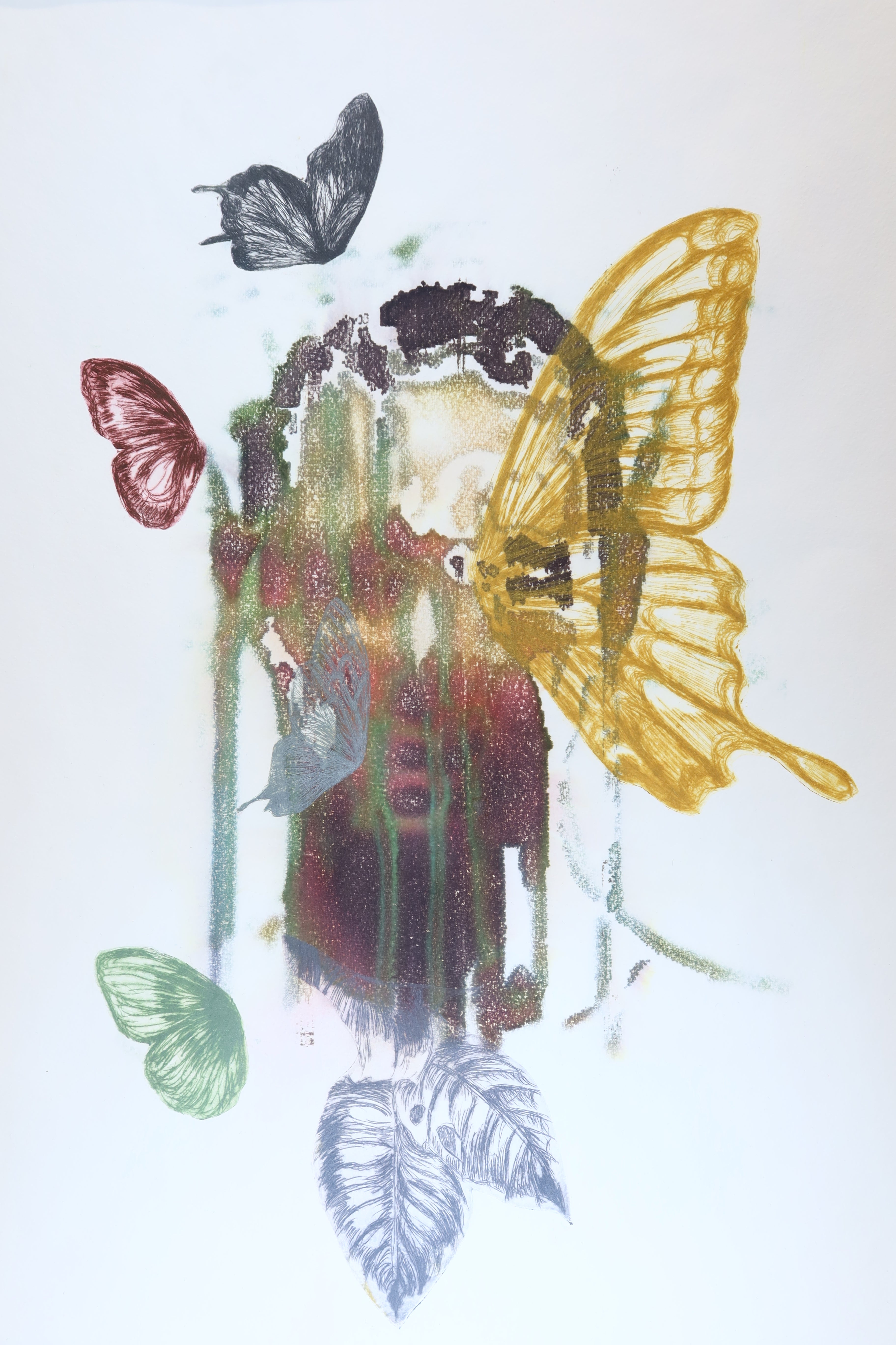 Œuvre originale de la collection Spiritus, gravure et image imprimée sur papier, visage intégré dans une composition avec papillons et éléments botaniques.